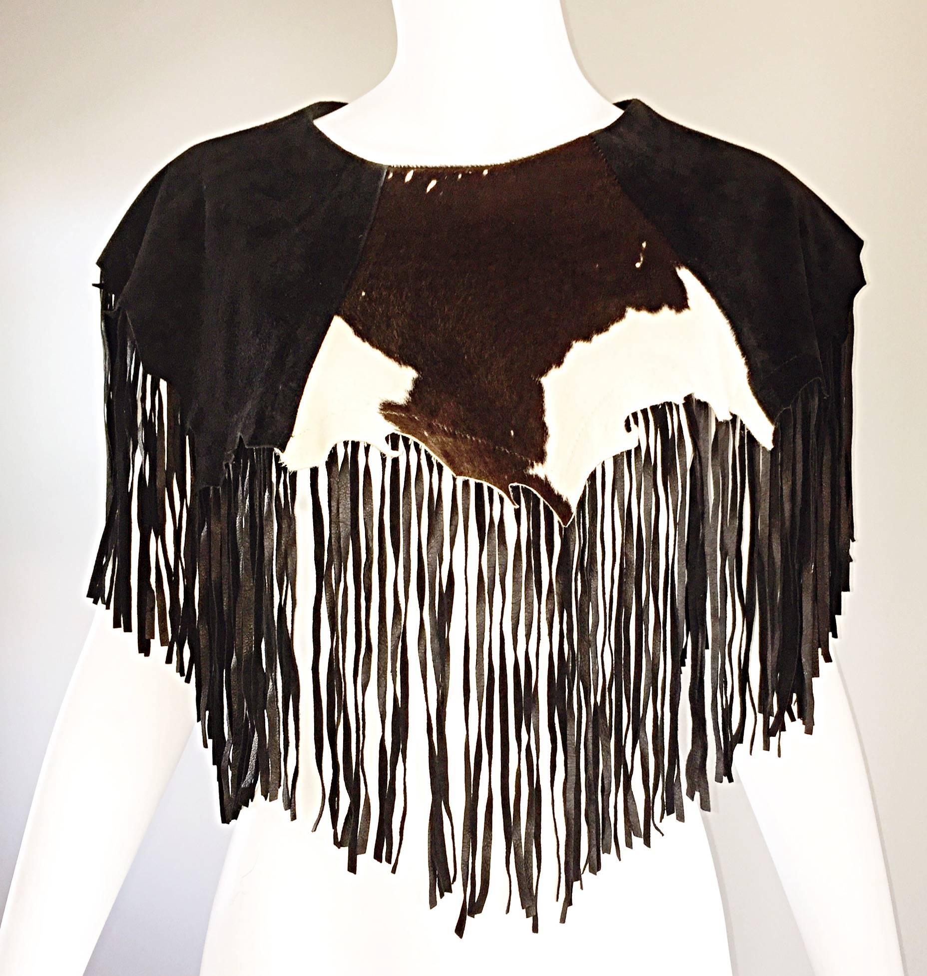 Women's Amazing Vintage Ricky Nell Cow Hide Leather + Suede Fringed Boho Bib Collar  For Sale