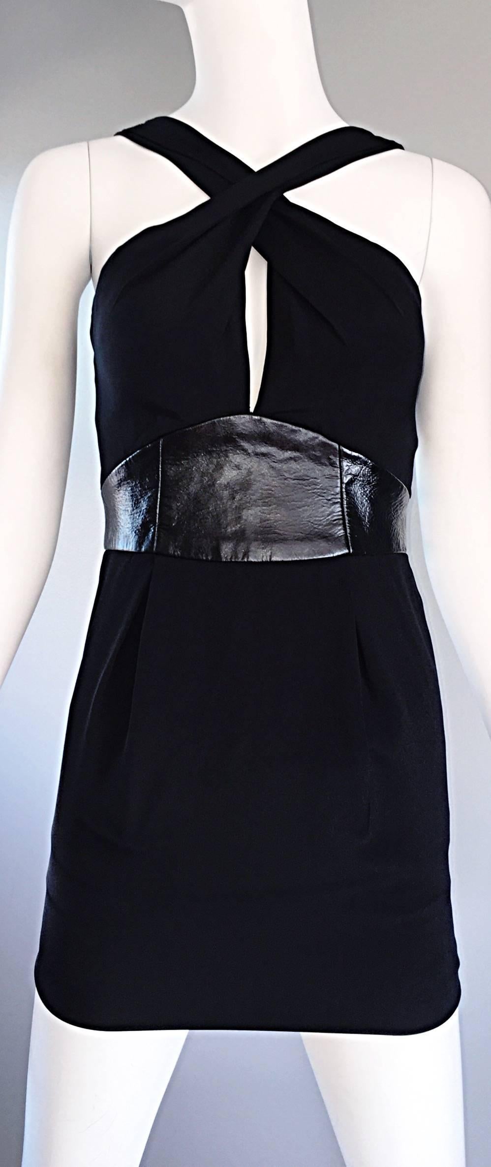 2000s Badgley Mischka Size 0 Black Jersey + Leather Sexy Cut Out Mini ...