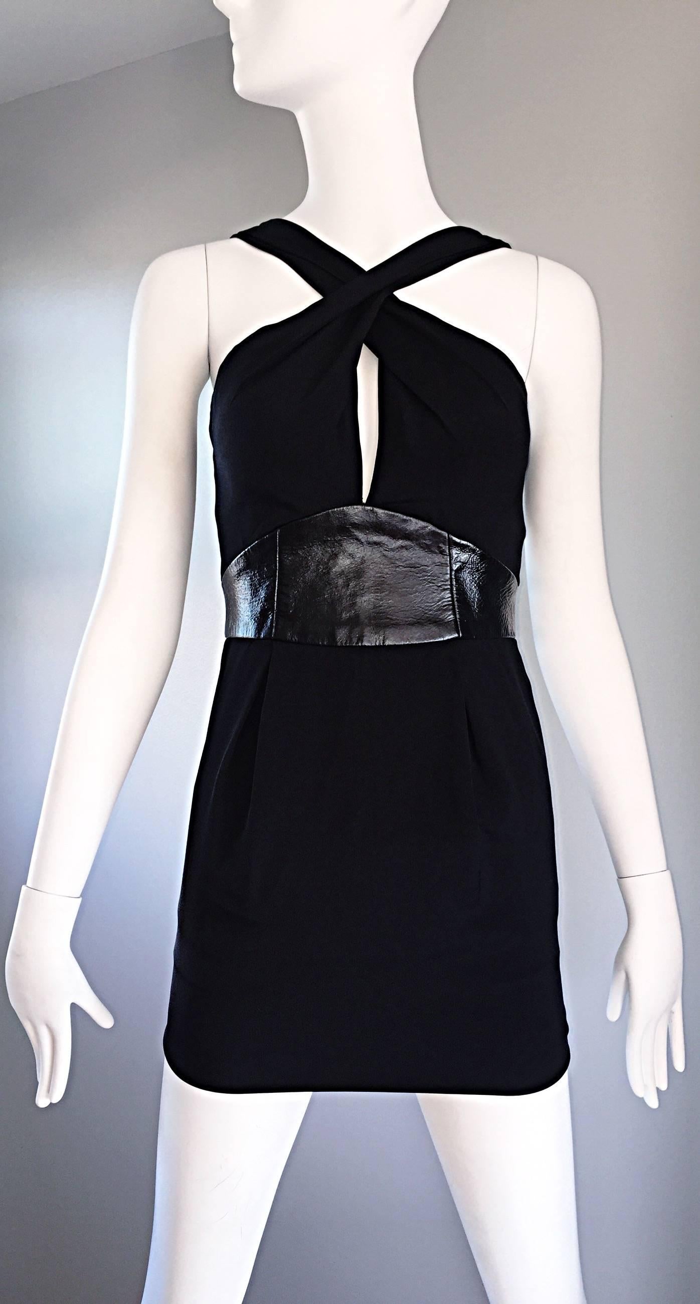 2000s Badgley Mischka Size 0 Black Jersey + Leather Sexy Cut Out Mini Dress In New Condition For Sale In San Diego, CA