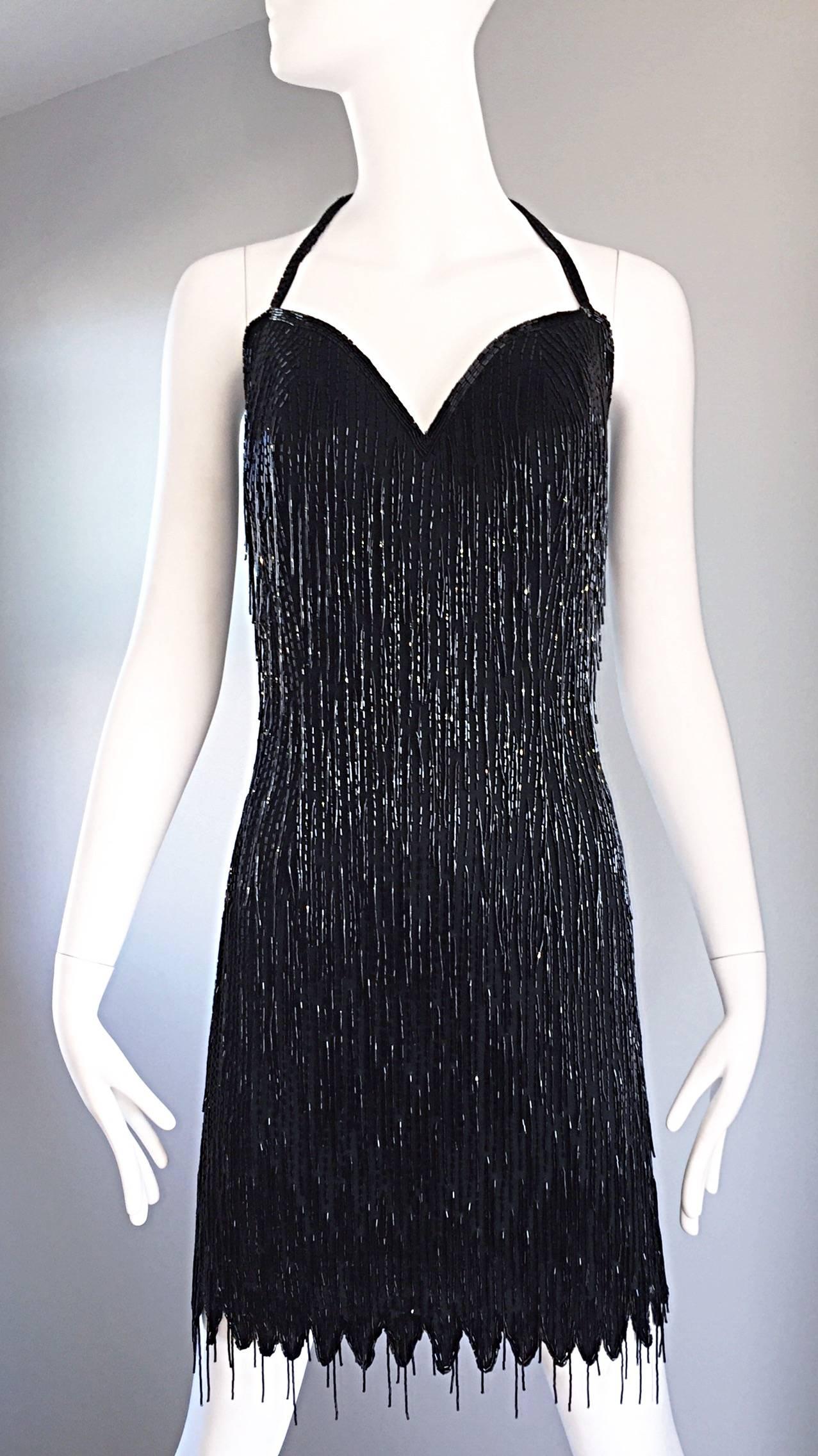 Size 10 Vintage Black Silk Beaded Fringe Flapper 1920s 20s Style Halter Dress 1