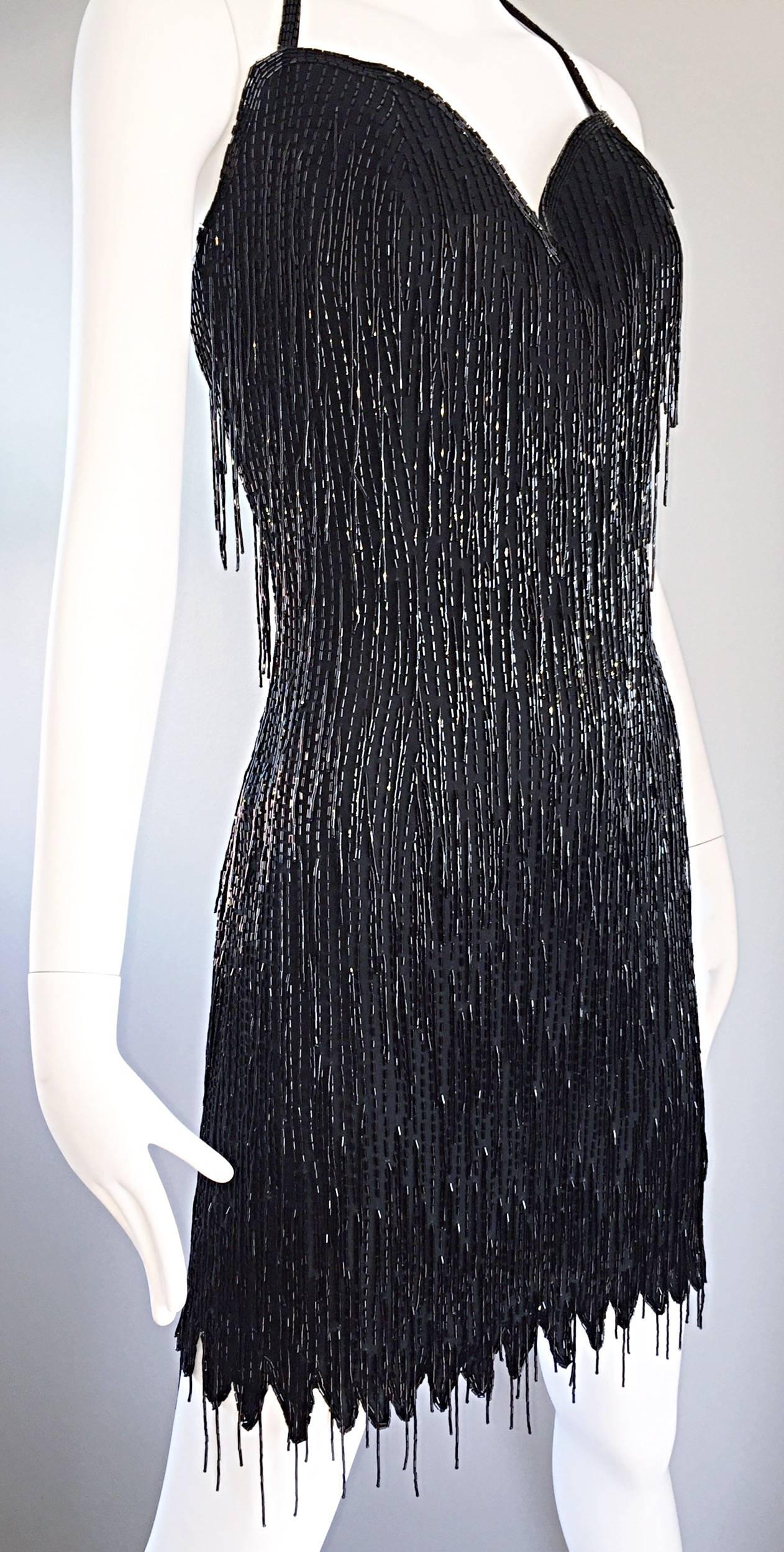 Women's Size 10 Vintage Black Silk Beaded Fringe Flapper 1920s 20s Style Halter Dress