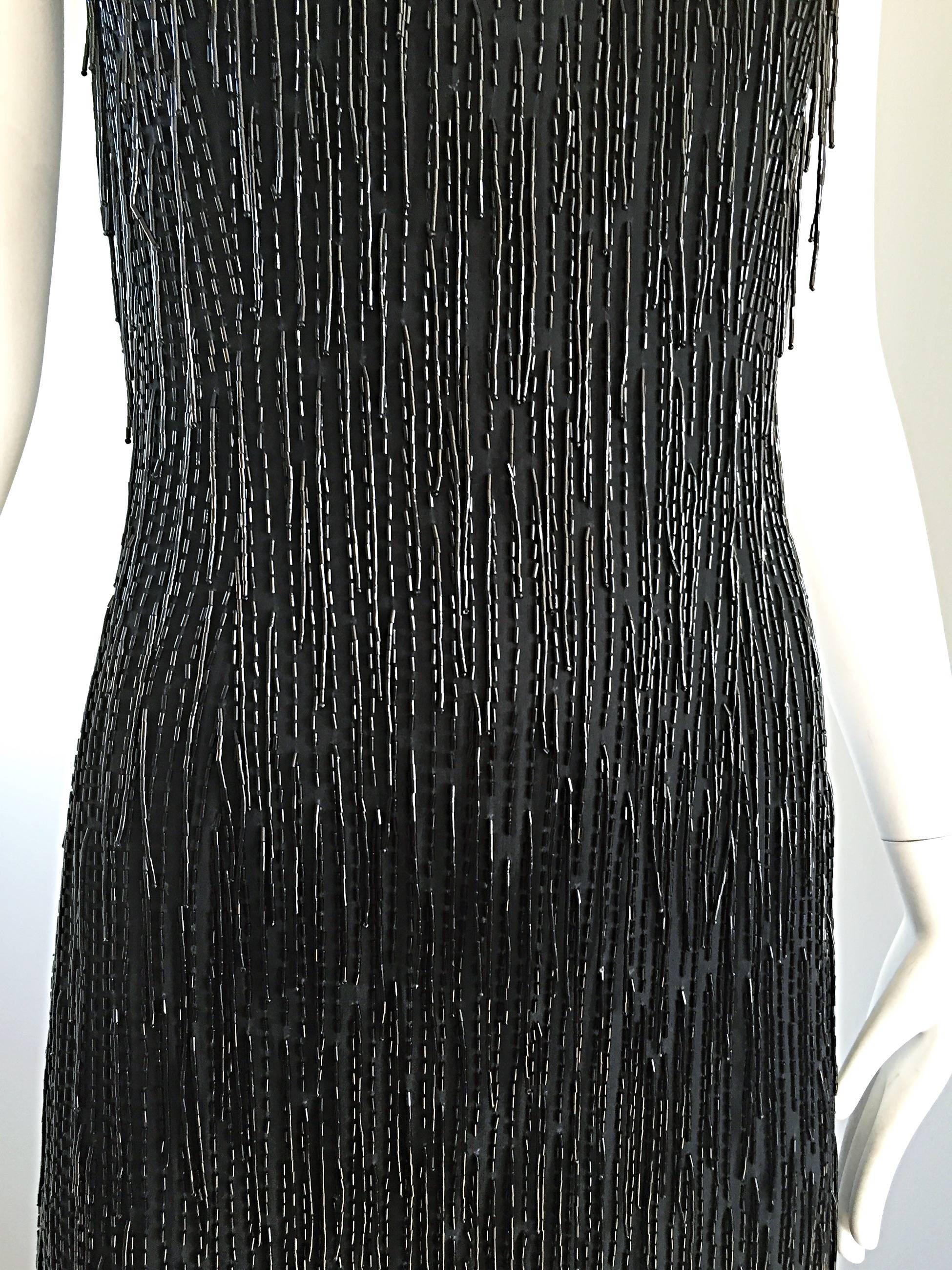 Size 10 Vintage Black Silk Beaded Fringe Flapper 1920s 20s Style Halter Dress In Excellent Condition In San Diego, CA