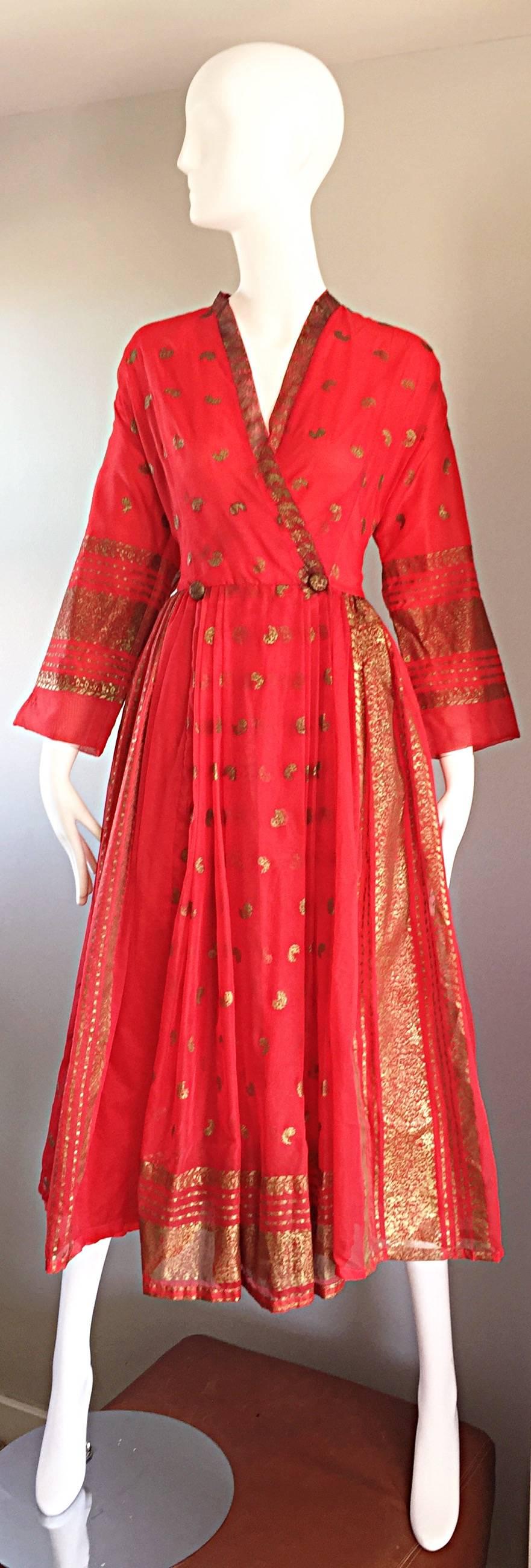 Vintage Maxan 1950s Rot und Gold Hand gemalt Seide Kimono Stil 50s Wrap Dress 5