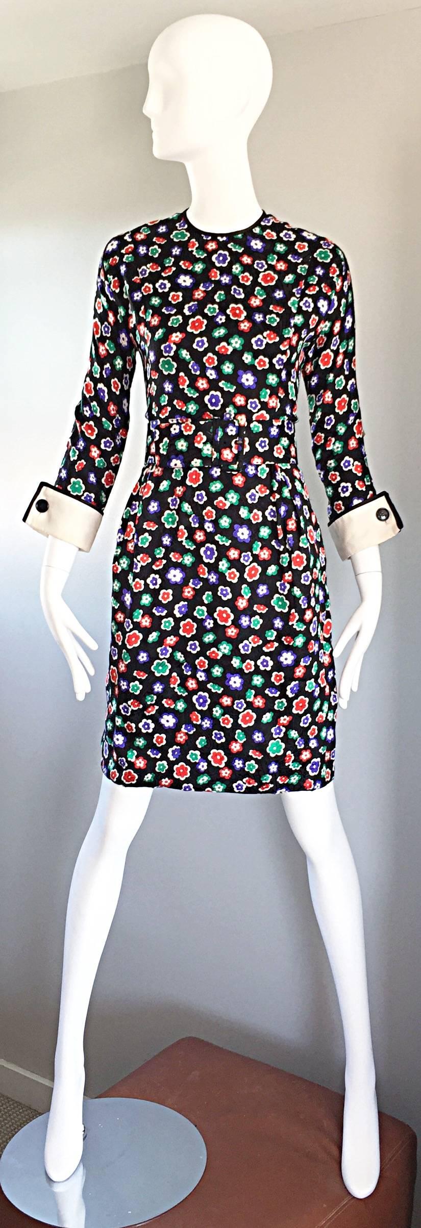 Chic Vintage Geoffrey Beene 1990s 90s Long Sleeve Silk Belted Flower Dress  4