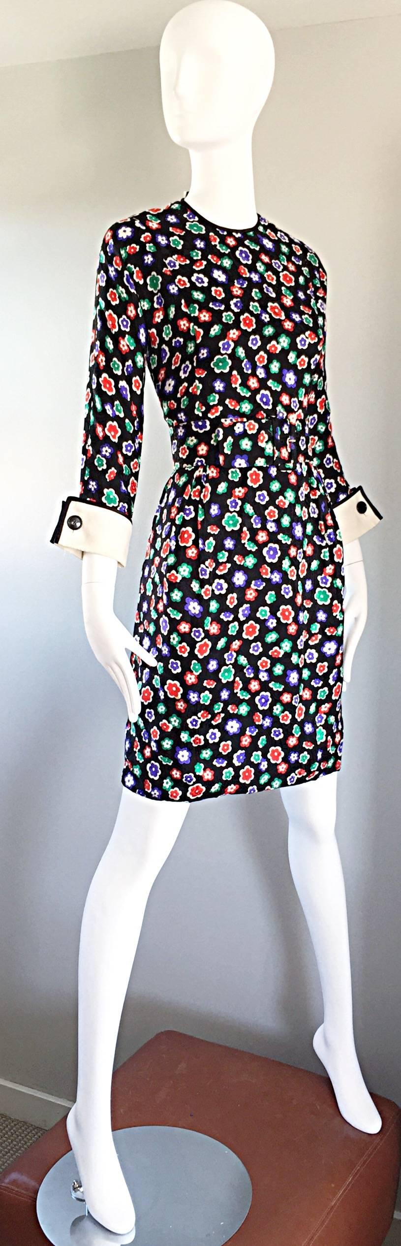 Chic Vintage Geoffrey Beene 1990s 90s Long Sleeve Silk Belted Flower Dress  2