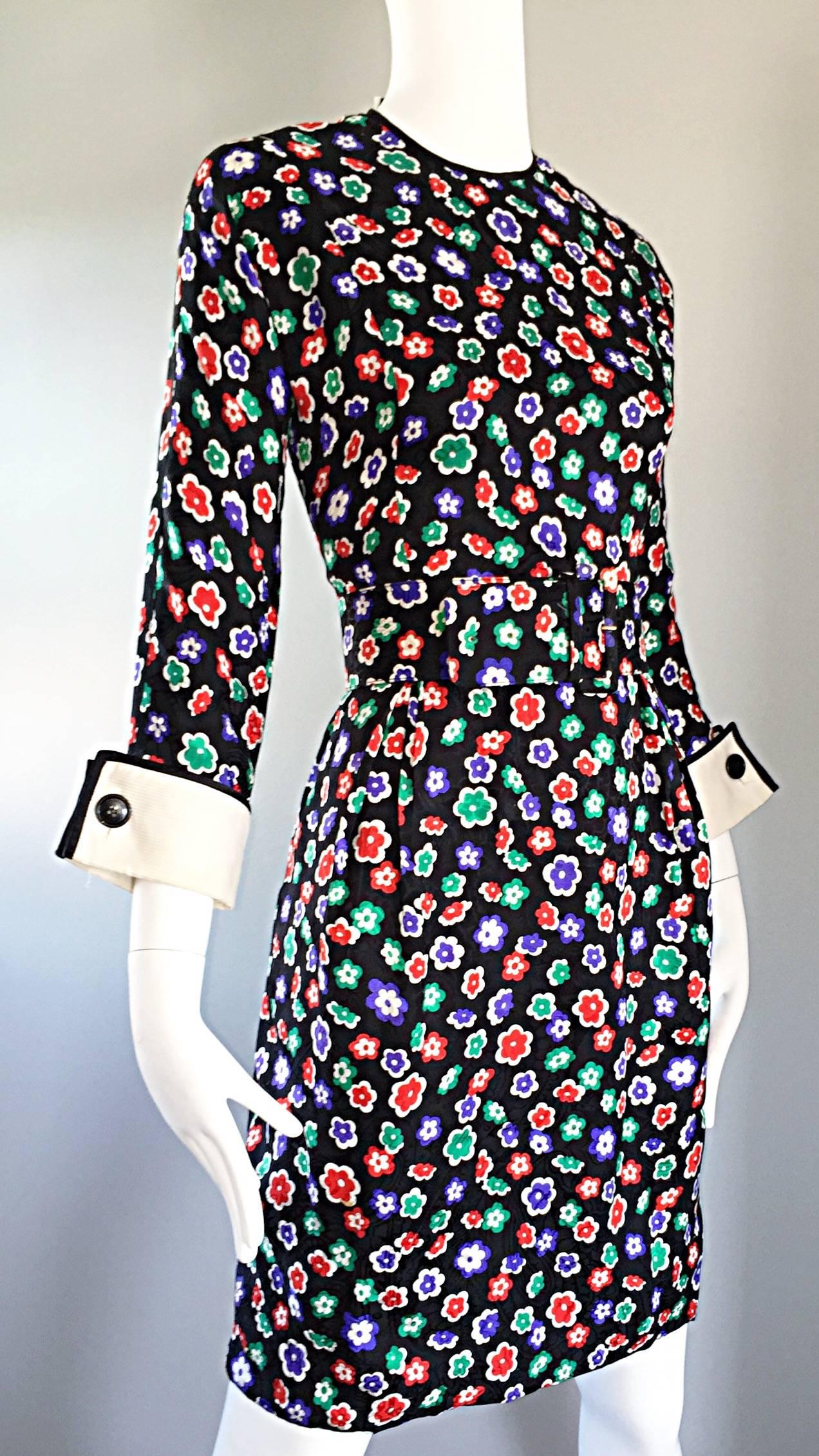 Black Chic Vintage Geoffrey Beene 1990s 90s Long Sleeve Silk Belted Flower Dress 