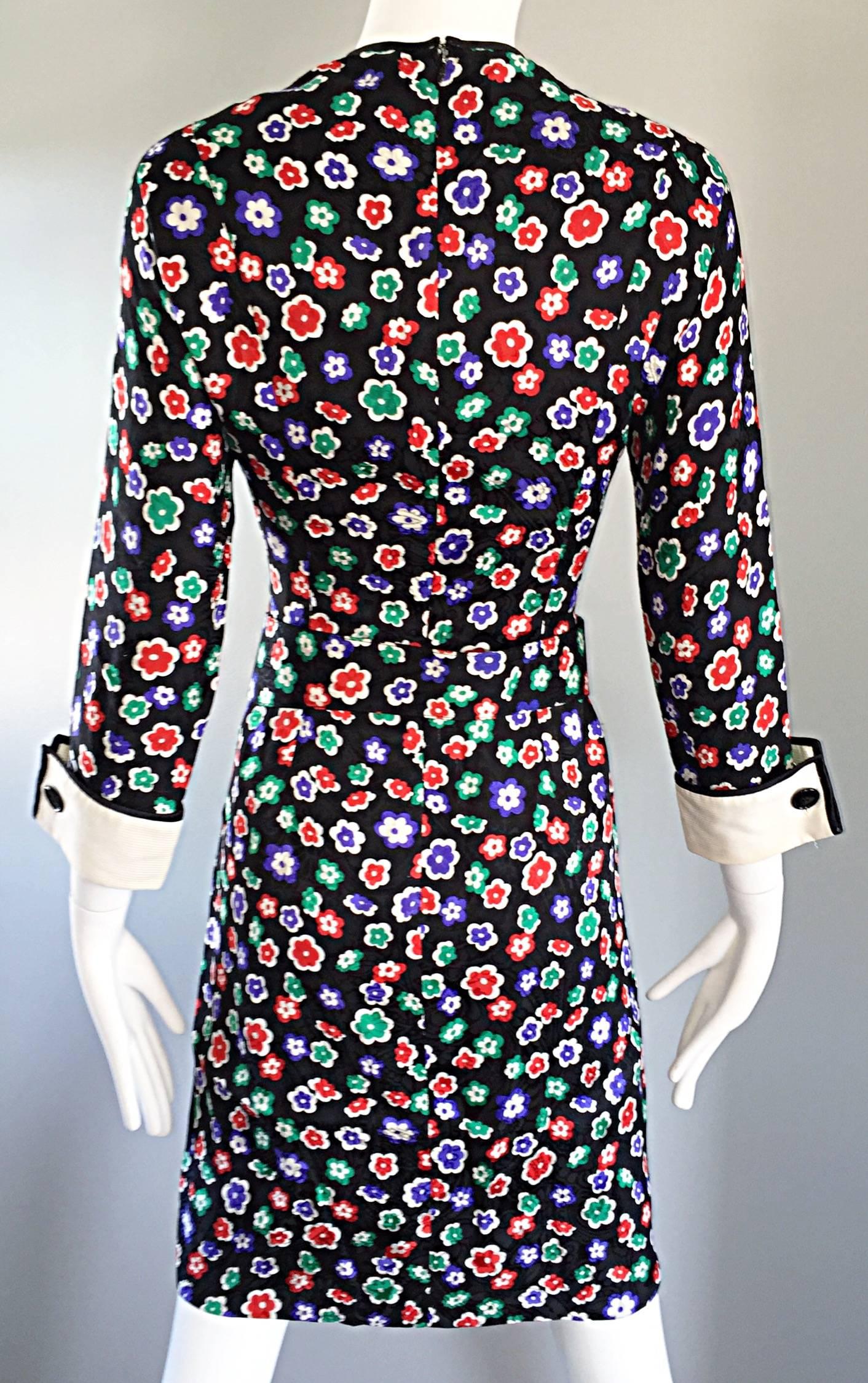 Chic Vintage Geoffrey Beene 1990s 90s Long Sleeve Silk Belted Flower Dress  3