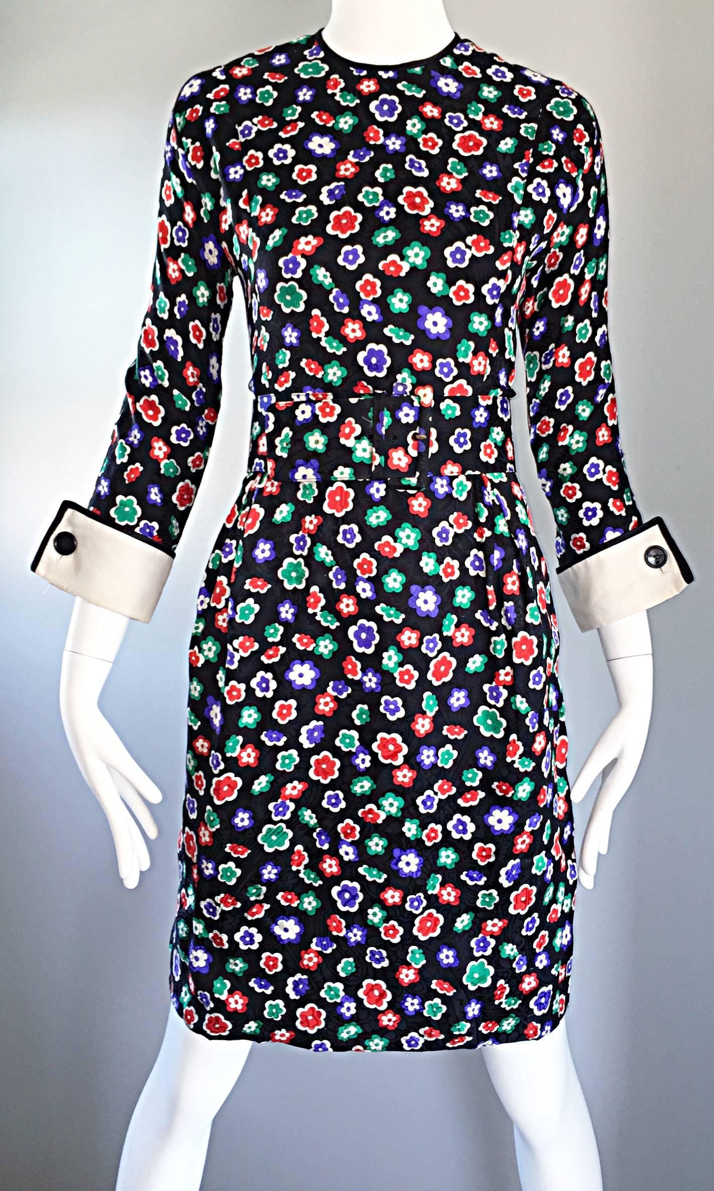 Chic Vintage Geoffrey Beene 1990s 90s Long Sleeve Silk Belted Flower Dress  1