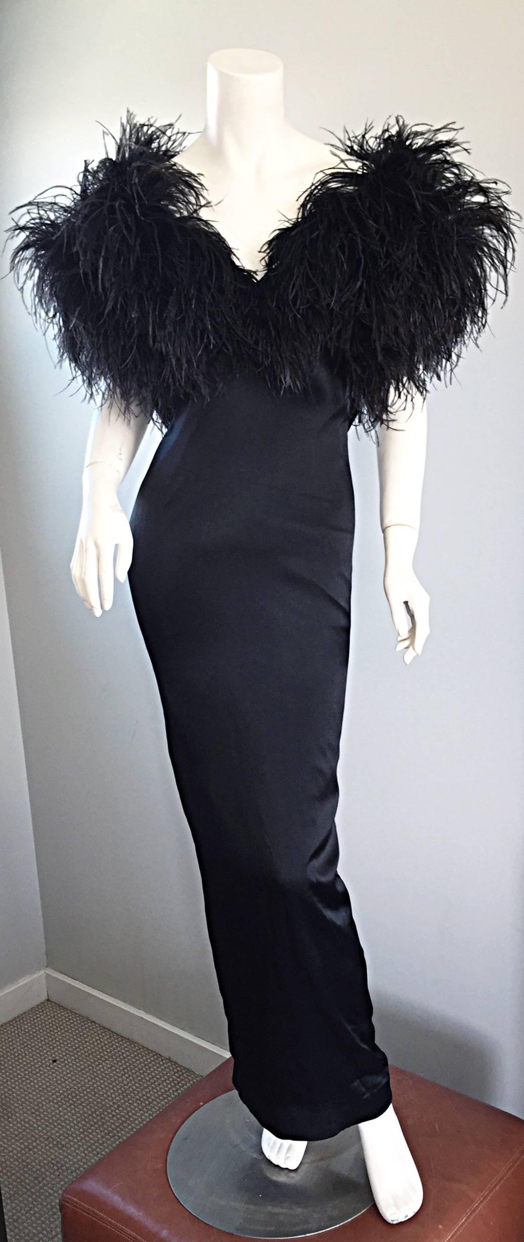 Sensational Vintage Holly's Harp 1970s Black Silk + Ostrich Feathers 70s Gown  4