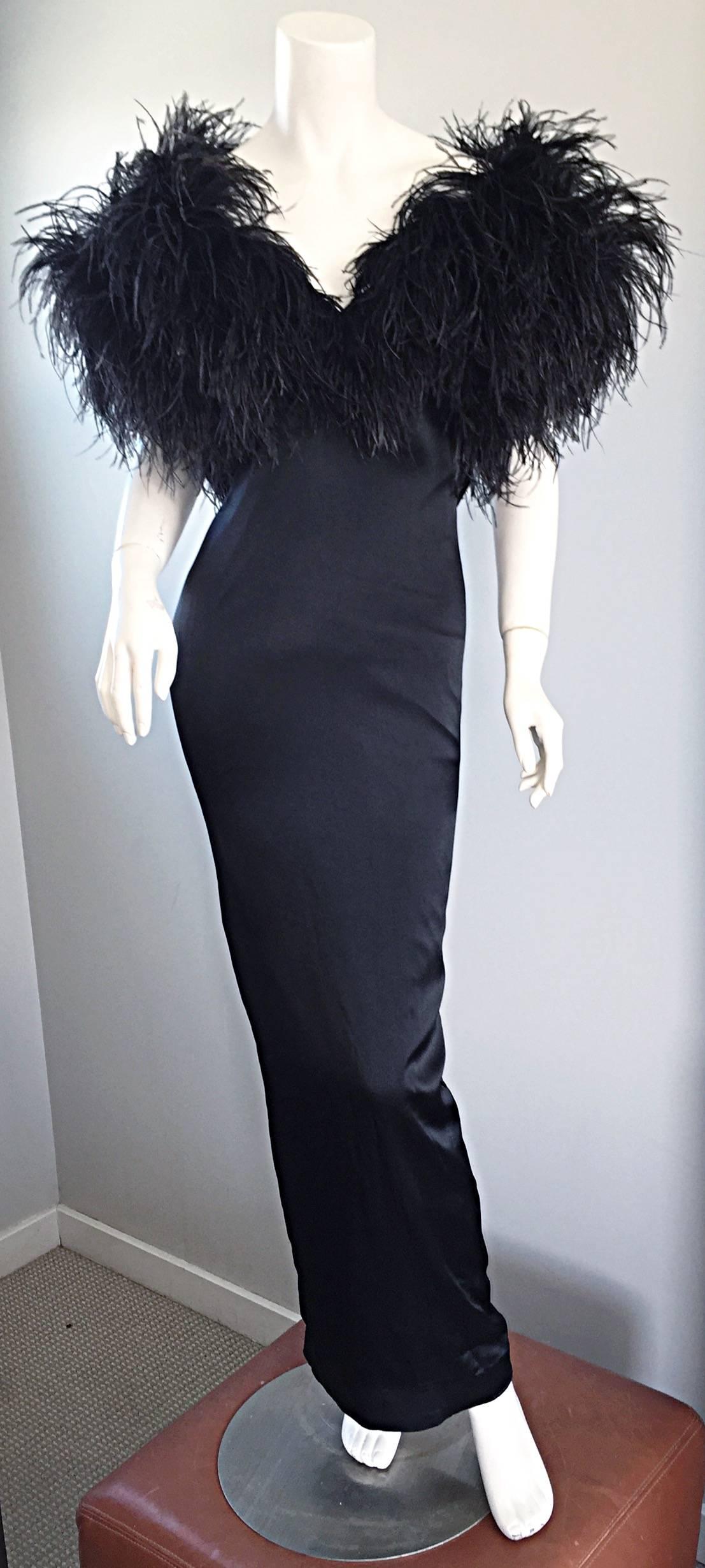 Sensational Vintage Holly's Harp 1970s Black Silk + Ostrich Feathers 70s Gown  In Excellent Condition In San Diego, CA