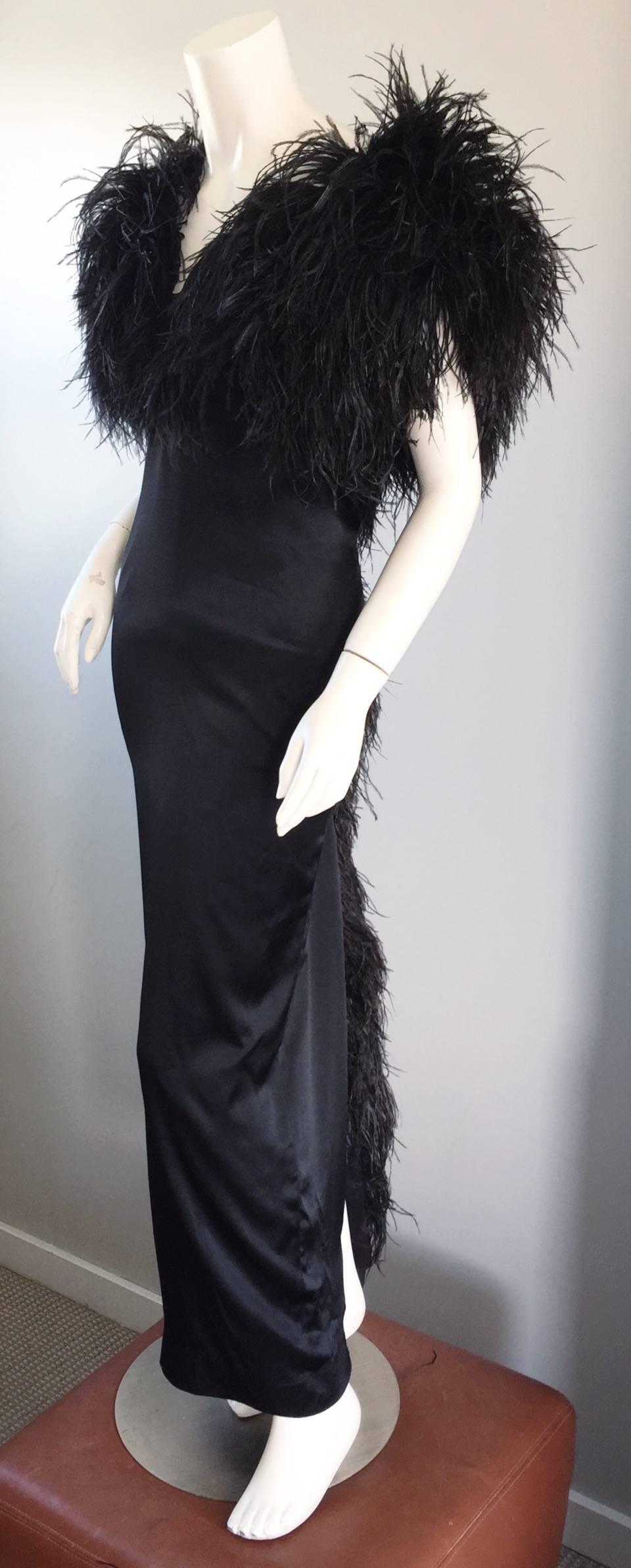 Sensational Vintage Holly's Harp 1970s Black Silk + Ostrich Feathers 70s Gown  3