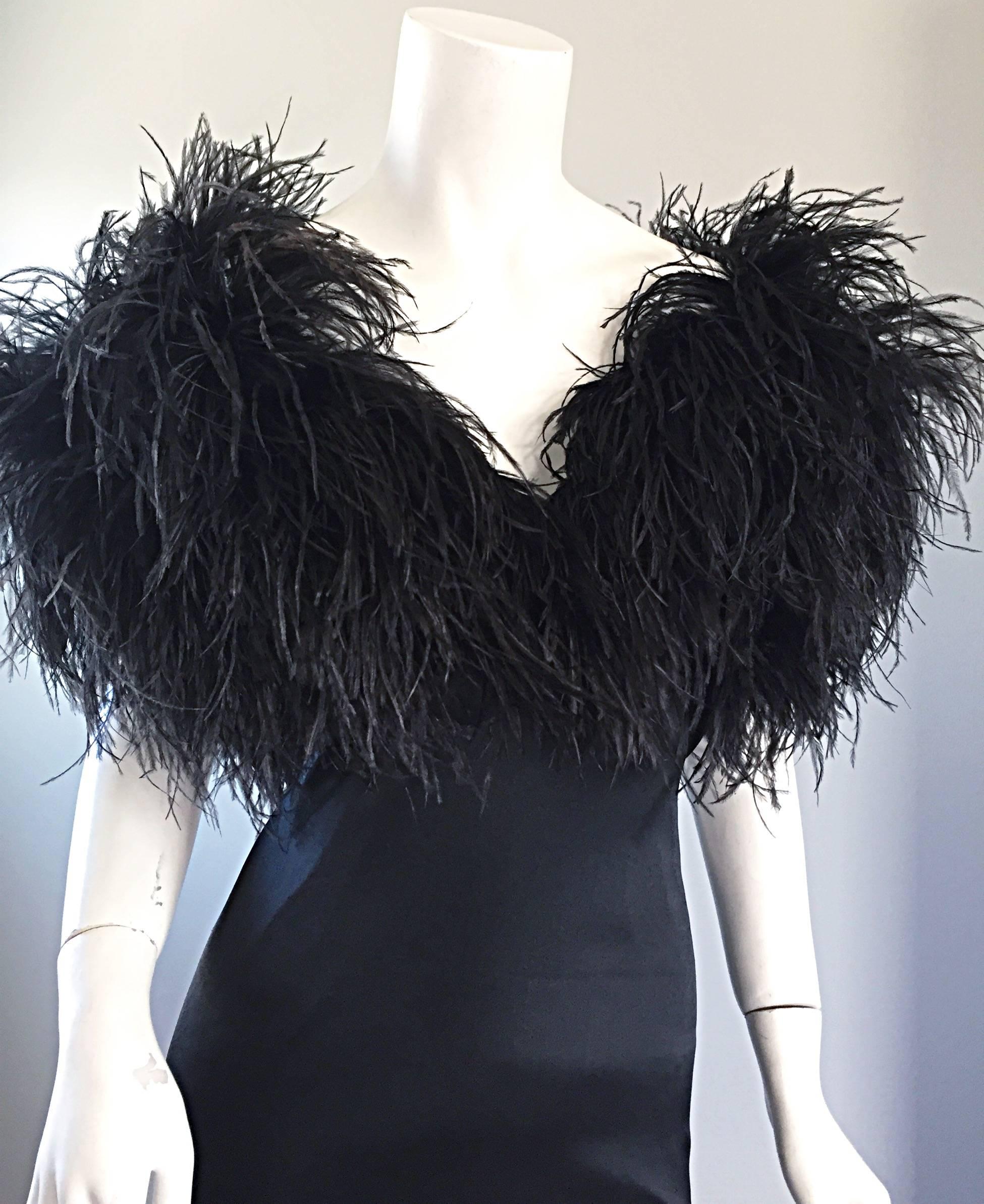 Women's Sensational Vintage Holly's Harp 1970s Black Silk + Ostrich Feathers 70s Gown 