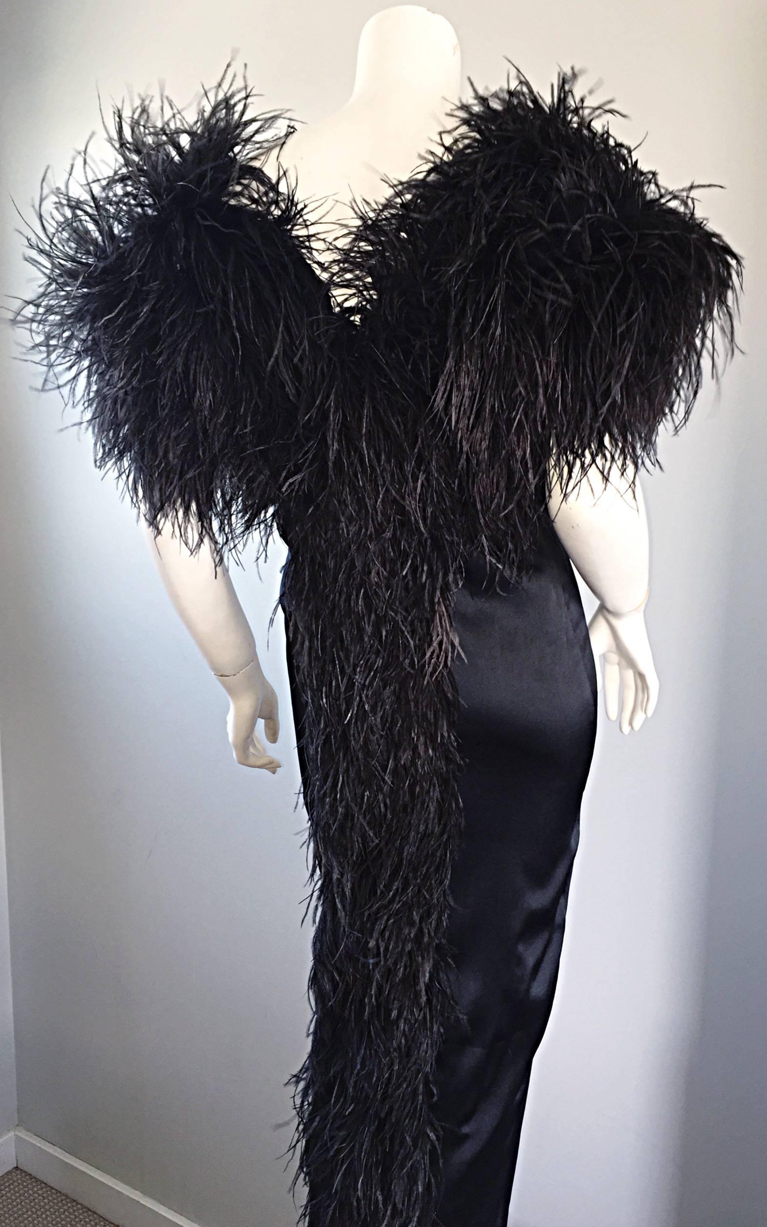Sensational Vintage Holly's Harp 1970s Black Silk + Ostrich Feathers 70s Gown  2