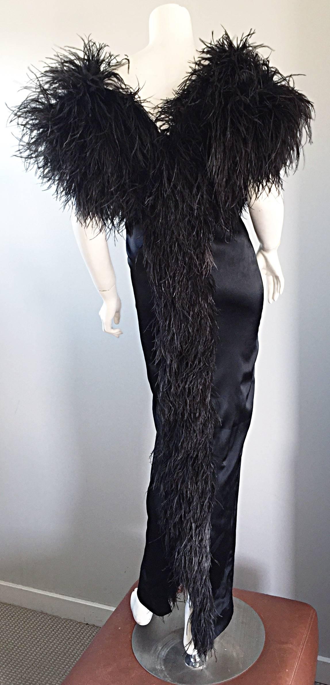 Sensational Vintage Holly's Harp 1970s Black Silk + Ostrich Feathers 70s Gown  5