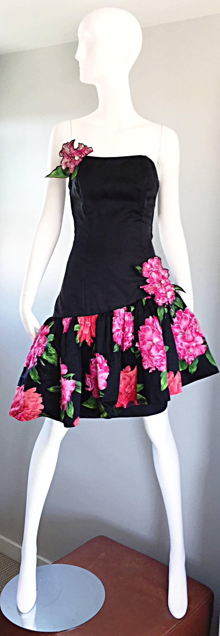 Vintage VICTOR COSTA for SAKS FIFTH AVENUE strapless Avant Garde dress! Features allover roses in pink, hot pink, and fuchsia on soft black silk. Appliques with rhinestones at one side of the bodice, at center waist and at top side back. Straight