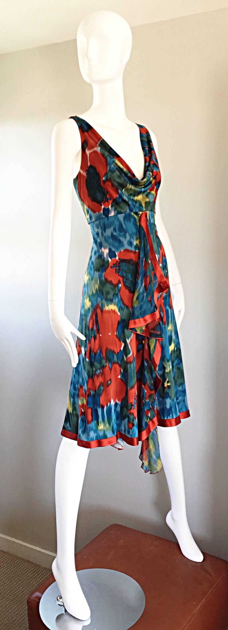 Women's Yigal Azrouel Boho Silk Jersey Watercolor Asymmetrical Dress w/ Peek-a-Book Back For Sale