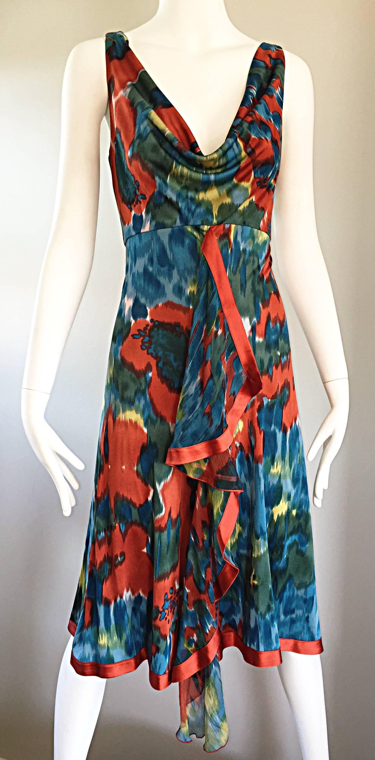 Yigal Azrouel Boho Silk Jersey Watercolor Asymmetrical Dress w/ Peek-a-Book Back In New Condition For Sale In San Diego, CA