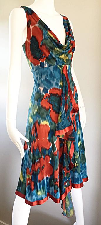 Yigal Azrouel Boho Silk Jersey Watercolor Asymmetrical Dress w/ Peek-a ...