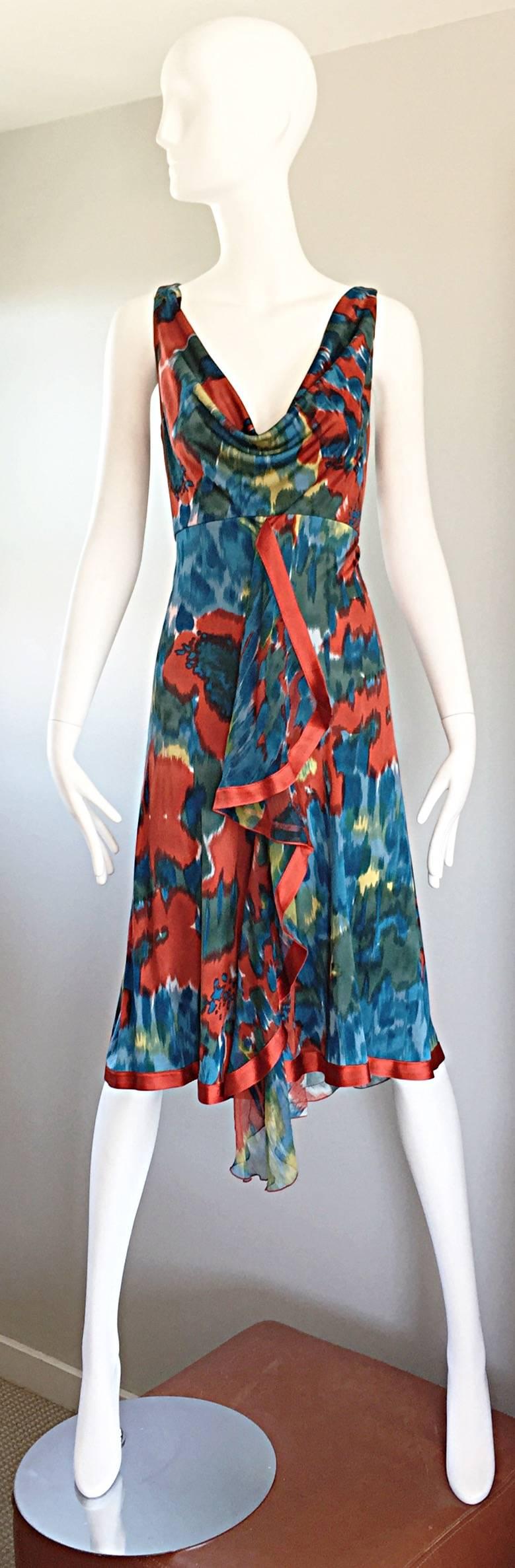 Yigal Azrouel Boho Silk Jersey Watercolor Asymmetrical Dress w/ Peek-a-Book Back For Sale 2