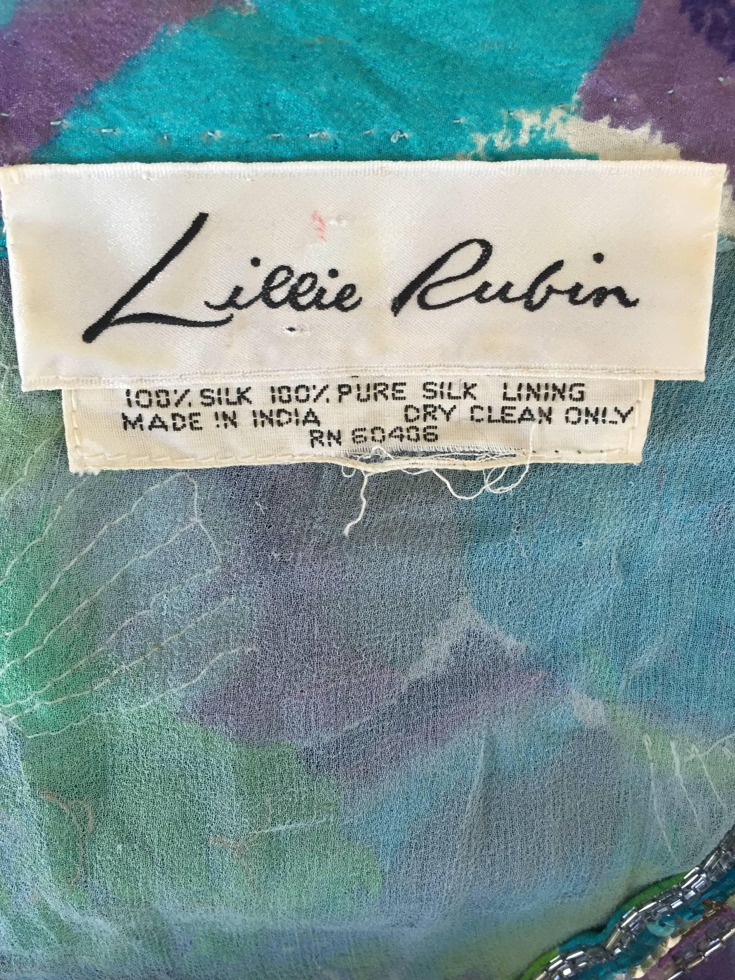 Lillie Rubin: Boho-Tropfenhemd aus Seidenchiffon mit Pailletten und Papagei-Druck im Angebot 5