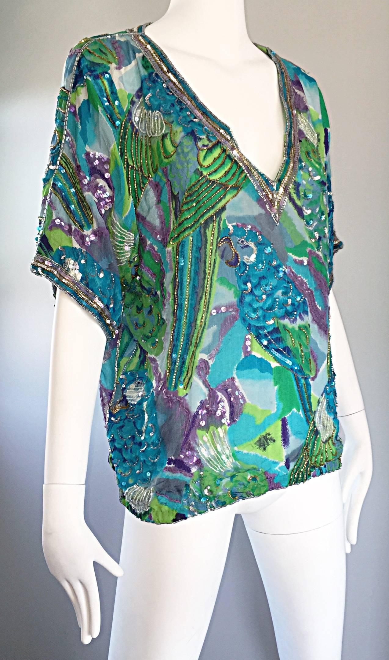 Vintage Lillie Rubin Parrot Print Sequin Silk Chiffon Boho Tropical Blouse Shirt For Sale 1