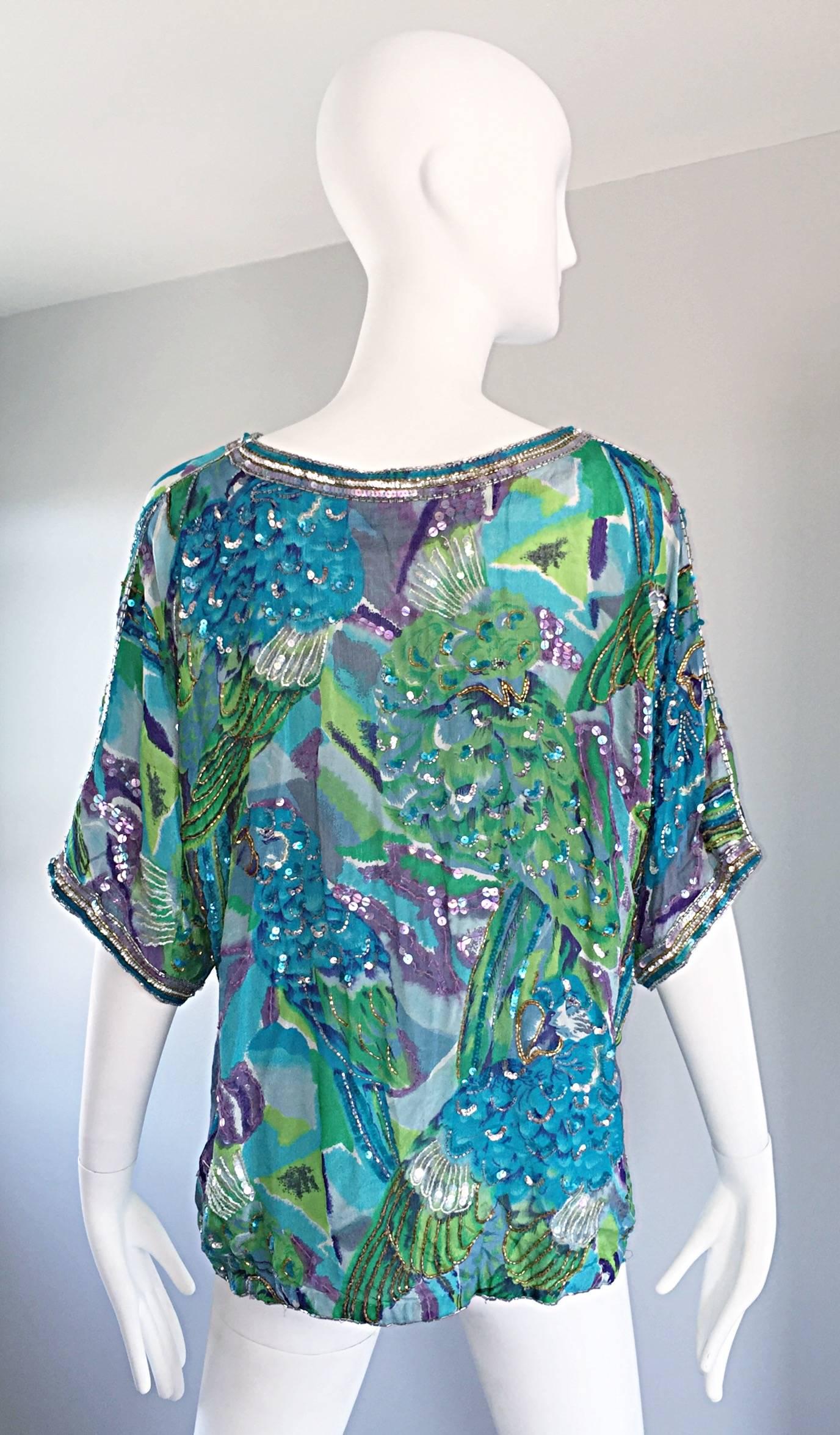 Vintage Lillie Rubin Parrot Print Sequin Silk Chiffon Boho Tropical Blouse Shirt For Sale 2