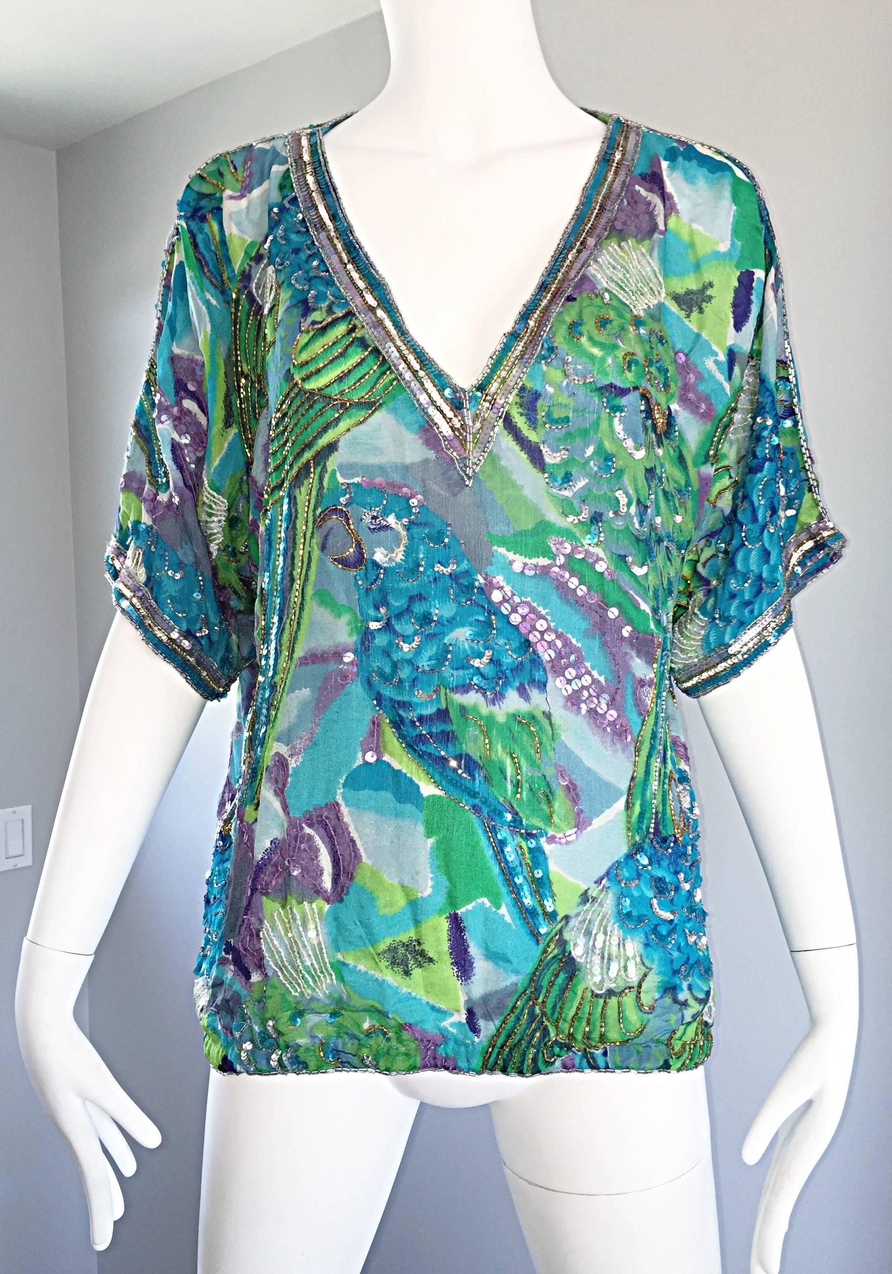 Vintage Lillie Rubin Parrot Print Sequin Silk Chiffon Boho Tropical Blouse Shirt For Sale 3