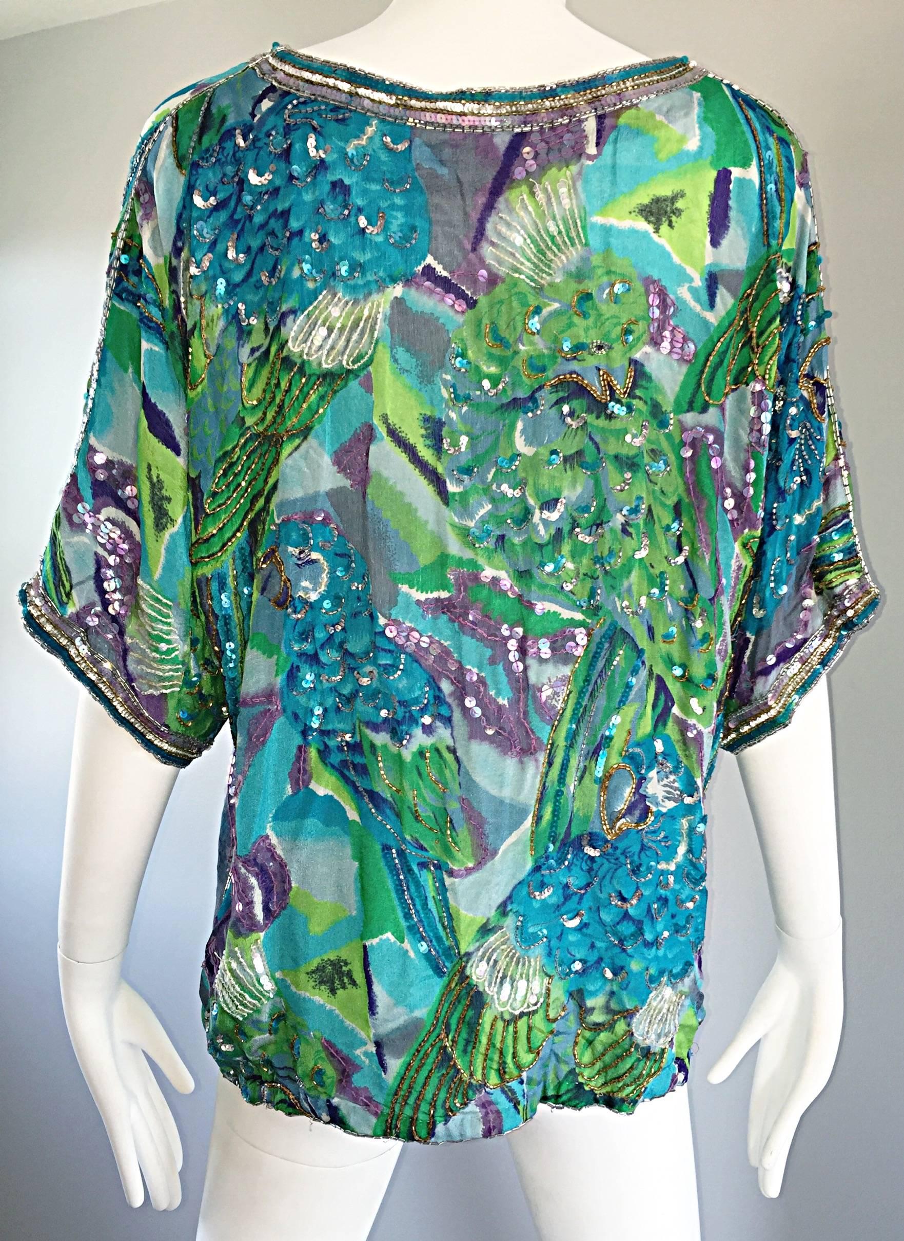 Women's Vintage Lillie Rubin Parrot Print Sequin Silk Chiffon Boho Tropical Blouse Shirt For Sale