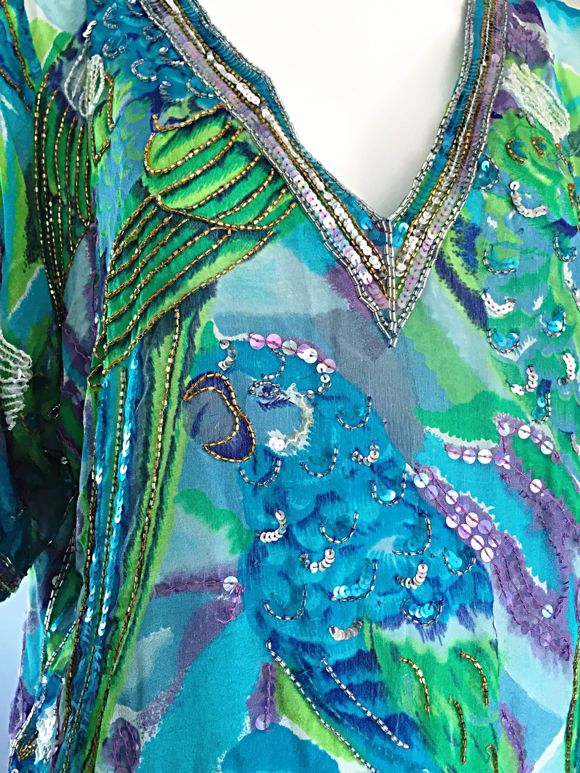 Blue Vintage Lillie Rubin Parrot Print Sequin Silk Chiffon Boho Tropical Blouse Shirt For Sale