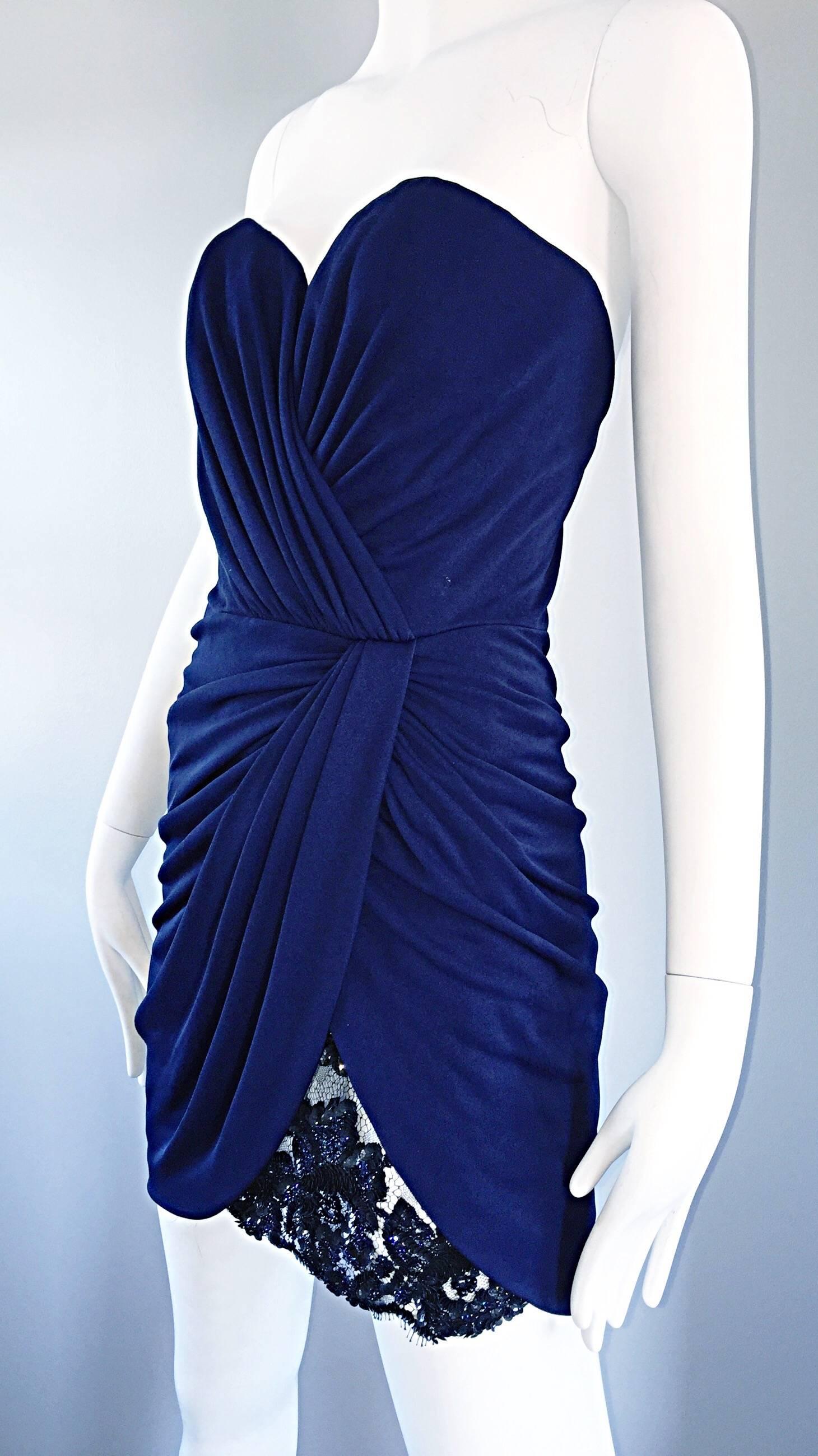 strapless navy jersey dress