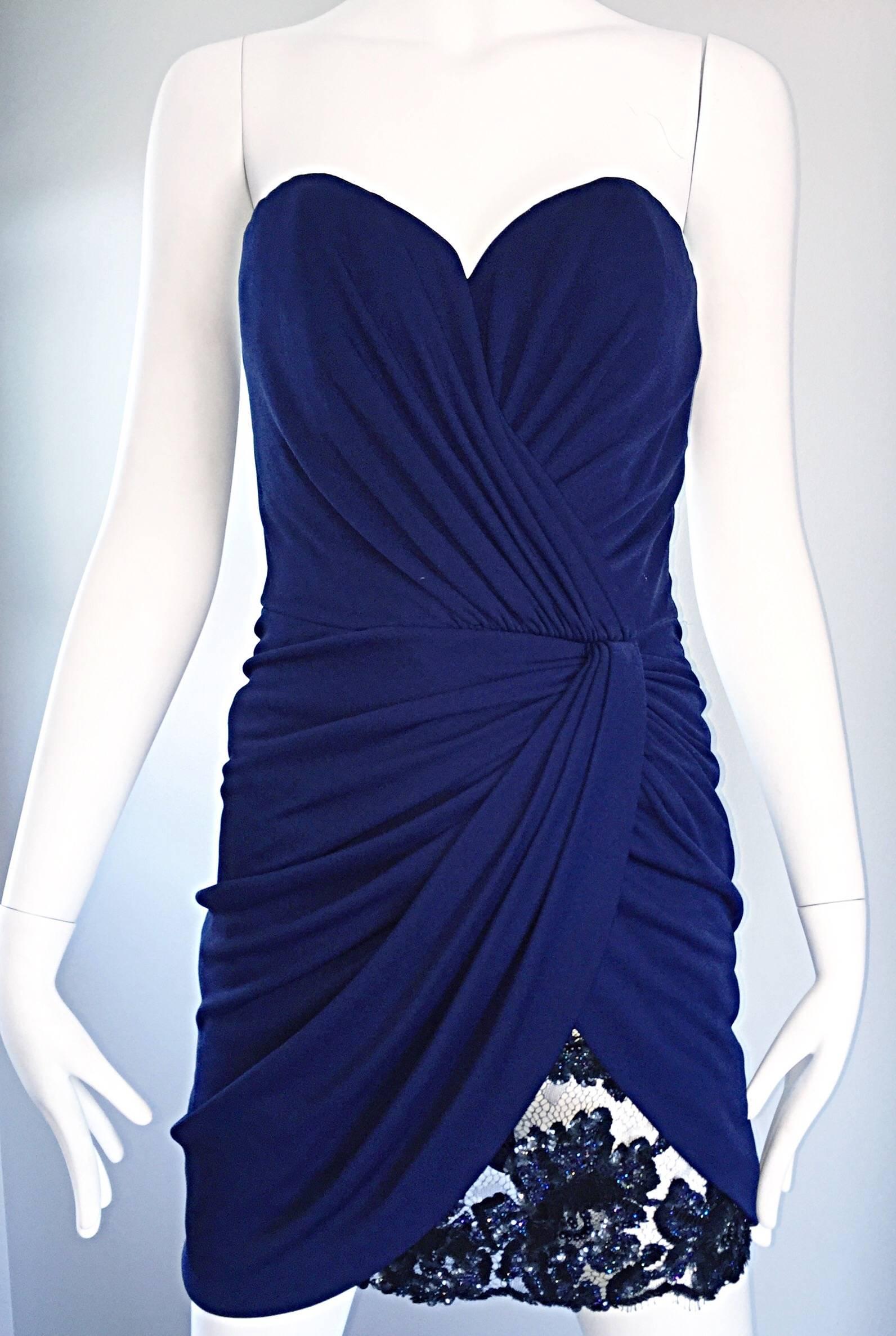 Vicky Tiel Couture Vintage Navy Blue Strapless Jersey + Lace + Sequin Sexy Dress In Excellent Condition For Sale In San Diego, CA