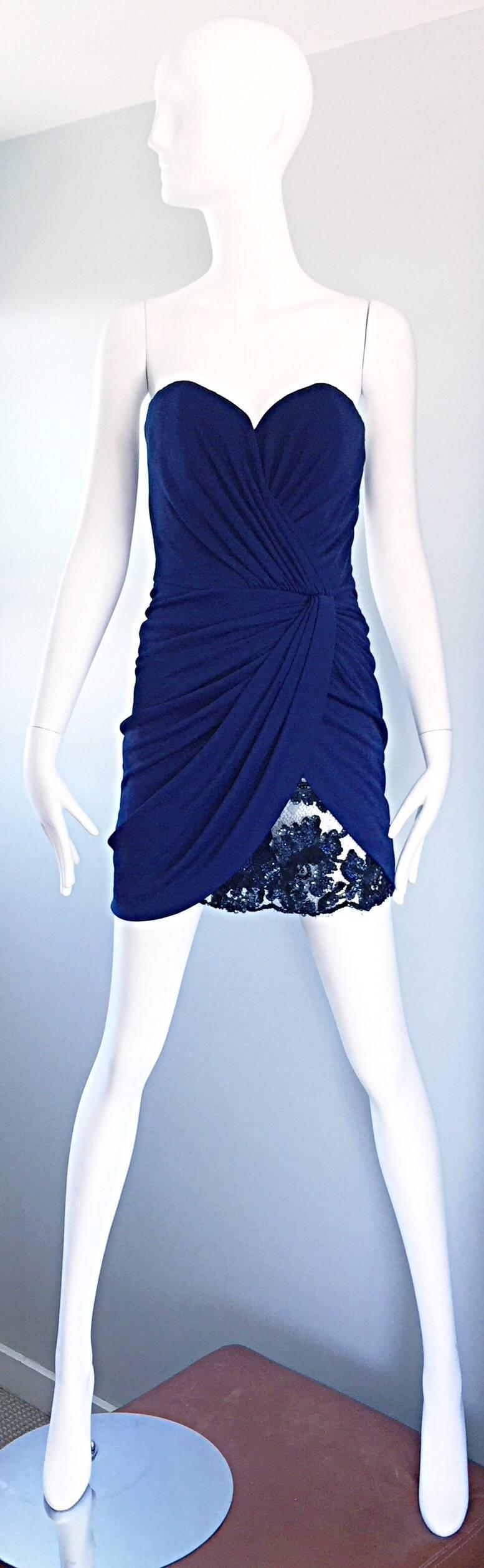 Vicky Tiel Couture Vintage Navy Blue Strapless Jersey + Lace + Sequin Sexy Dress For Sale 1