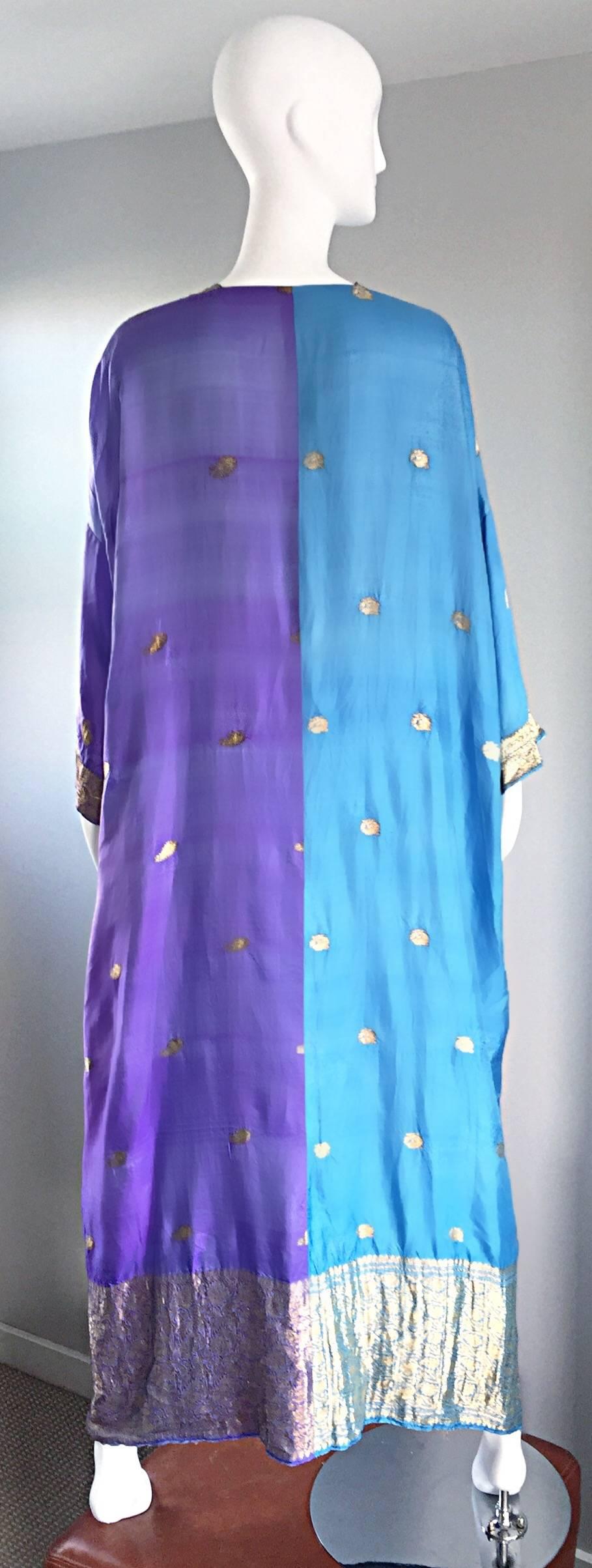 Amazing 1970s Purple, Blue and Gold Raw Silk Indian Inspired 70s Kaftan Dress  In Excellent Condition In San Diego, CA