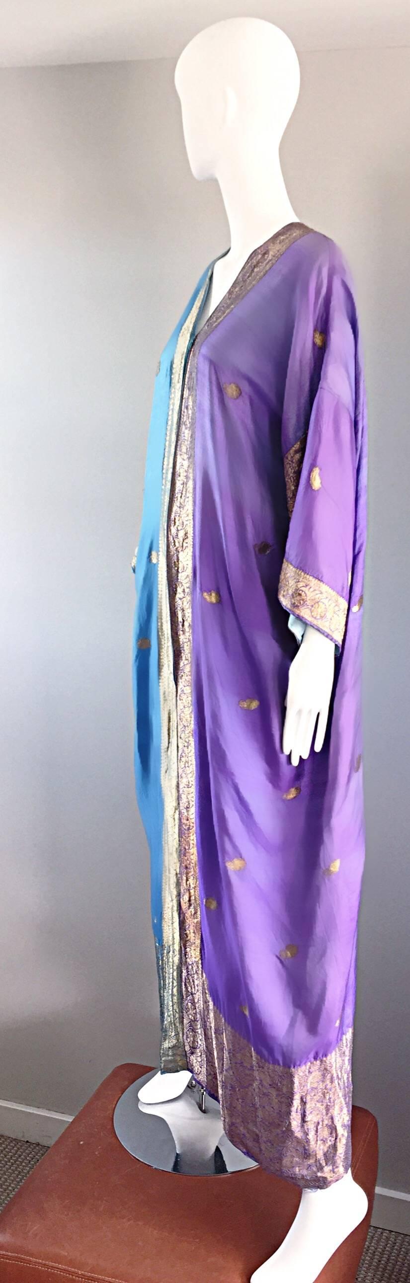 Women's Amazing 1970s Purple, Blue and Gold Raw Silk Indian Inspired 70s Kaftan Dress 