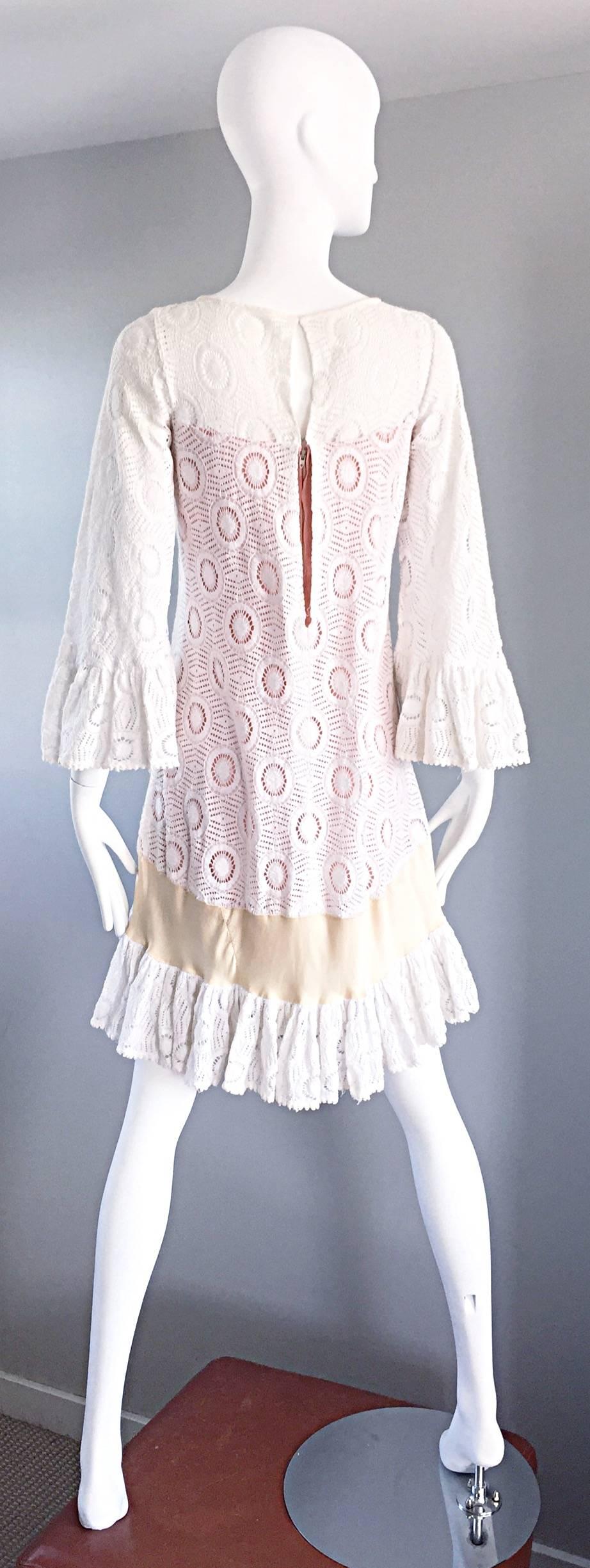 Gray Jay Morley for Fern Violette 1960s Ivory Crochet Boho Bell Sleeve A Line Dress 