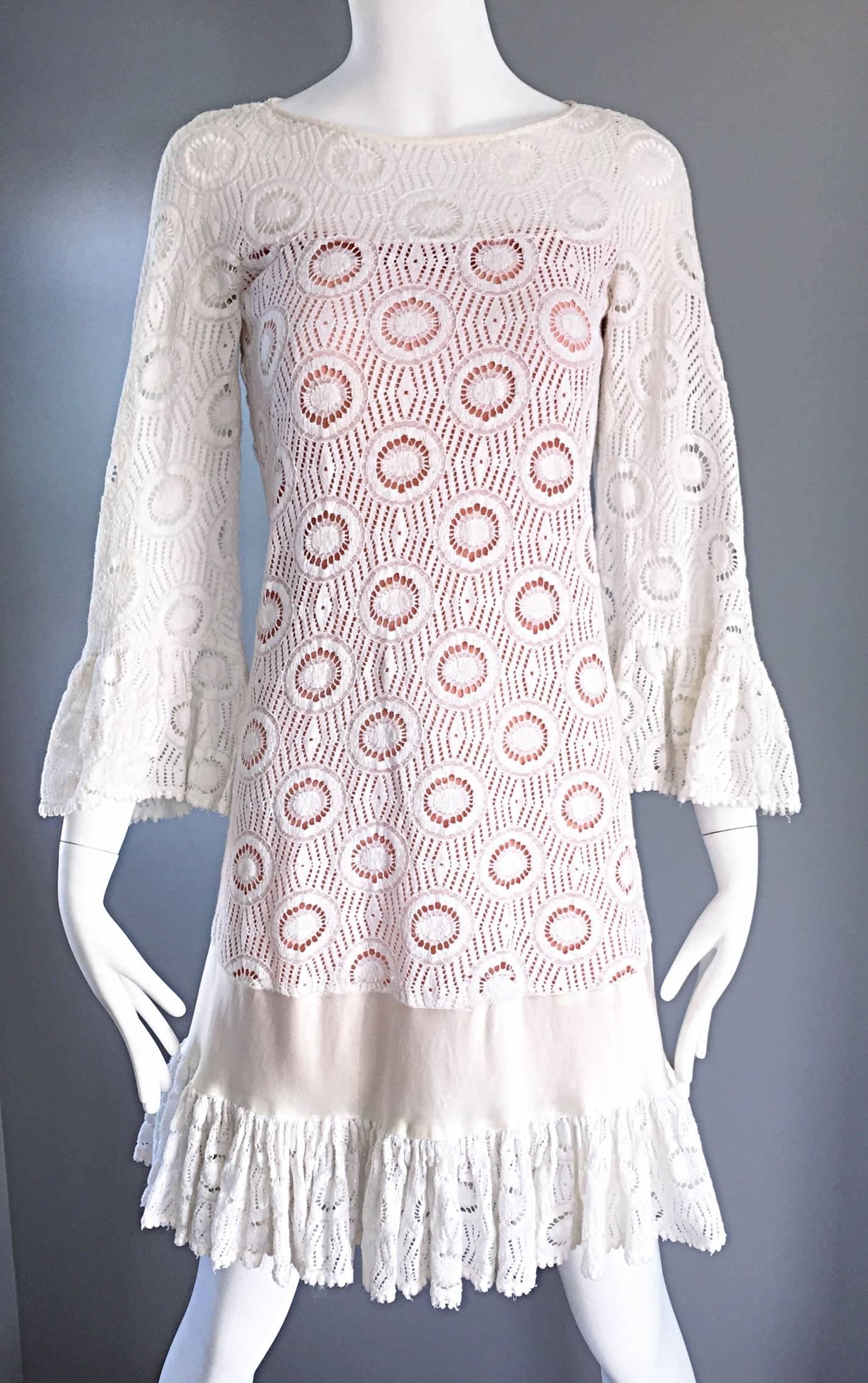 Jay Morley for Fern Violette 1960s Ivory Crochet Boho Bell Sleeve A Line Dress  In Excellent Condition In San Diego, CA