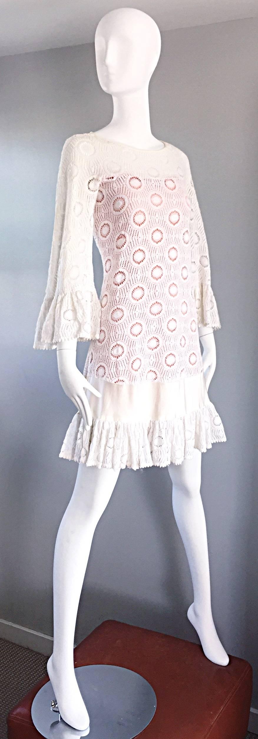 Women's Jay Morley for Fern Violette 1960s Ivory Crochet Boho Bell Sleeve A Line Dress 