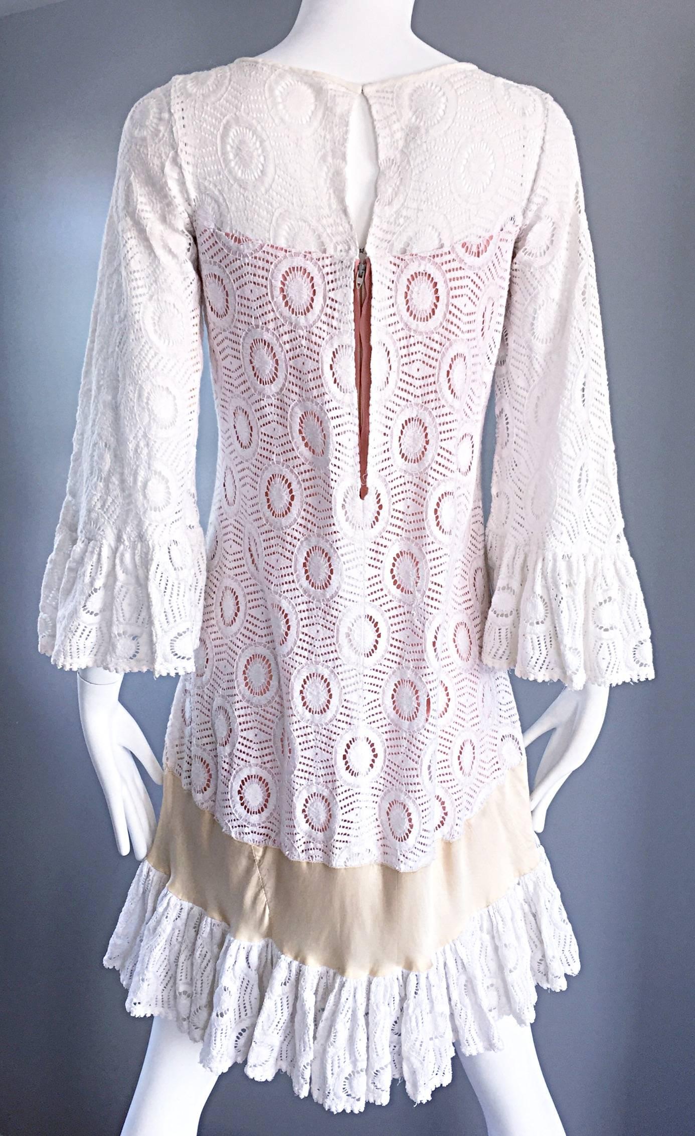 Jay Morley for Fern Violette 1960s Ivory Crochet Boho Bell Sleeve A Line Dress  1