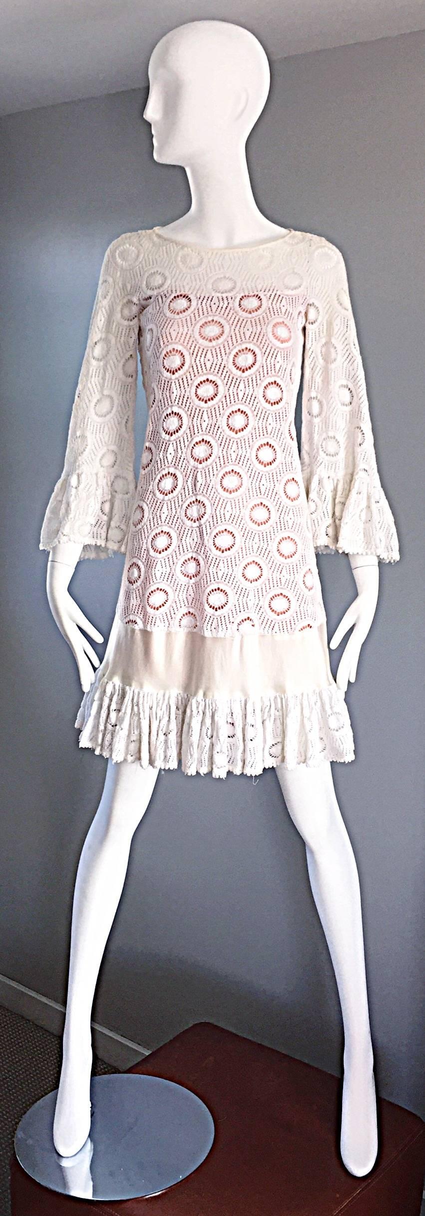 Jay Morley for Fern Violette 1960s Ivory Crochet Boho Bell Sleeve A Line Dress  3