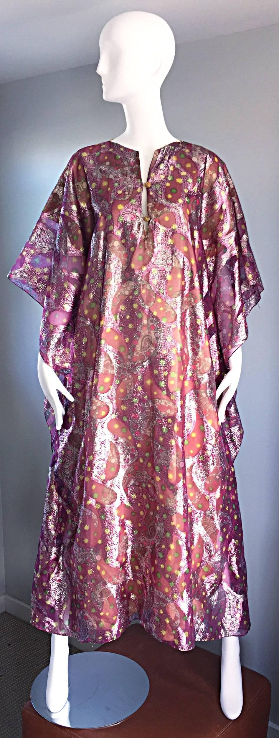 Amazing vintage 1960s caftan / kaftan by Hollywood designer GEORGIE KEYLOUN!!! Amazing metallic chiffon paisley in beautiful hues of purple, pink, gold, silver, green and yellow! So much detail went into the construction of this beauty! Functional