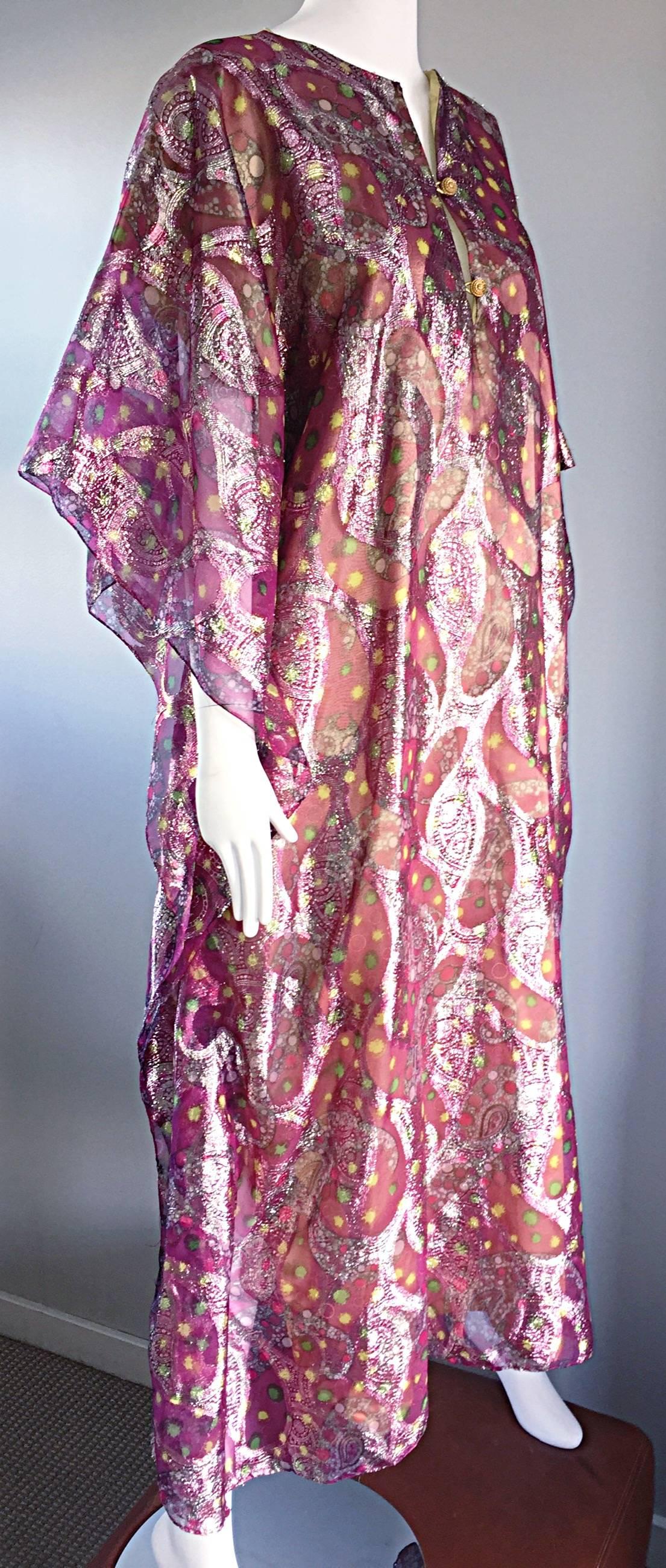 Georgie Keyloun Rare 1960s Vintage Chiffon Paisley Psychedelic 60s Caftan Dress In Excellent Condition In San Diego, CA