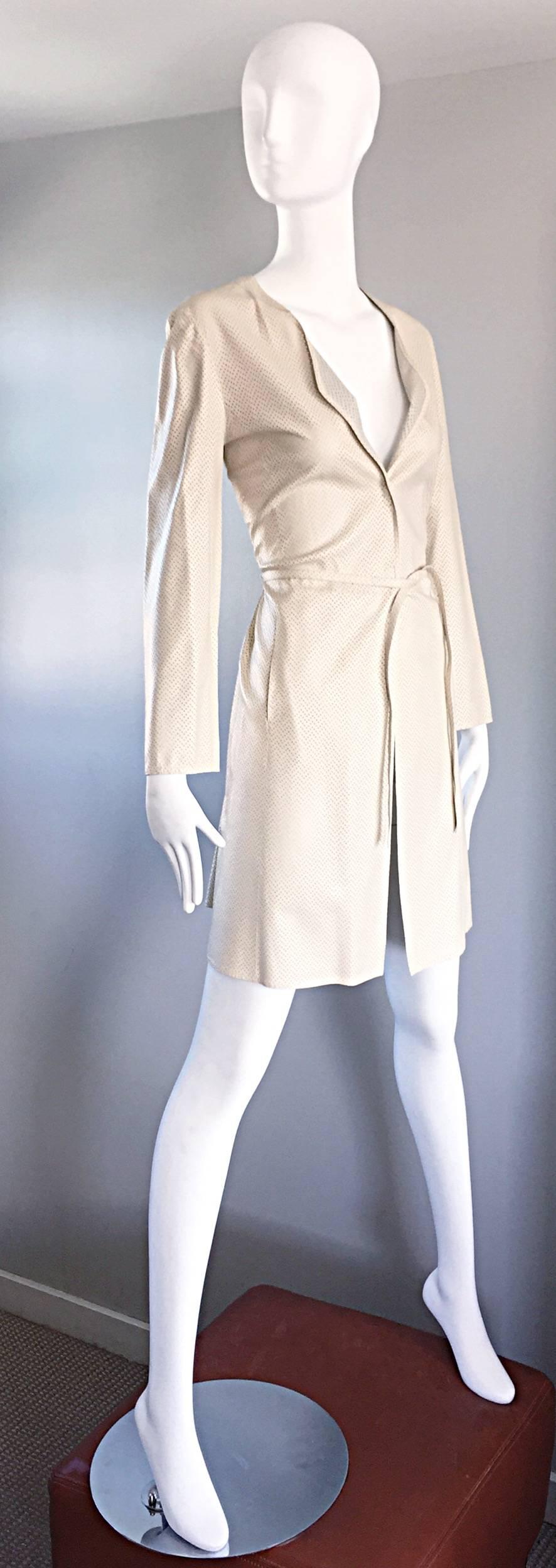 Women's Vintage Giorgio Armani 1990s Ivory Beige Perforated Leather 90s Trench Jacket  For Sale