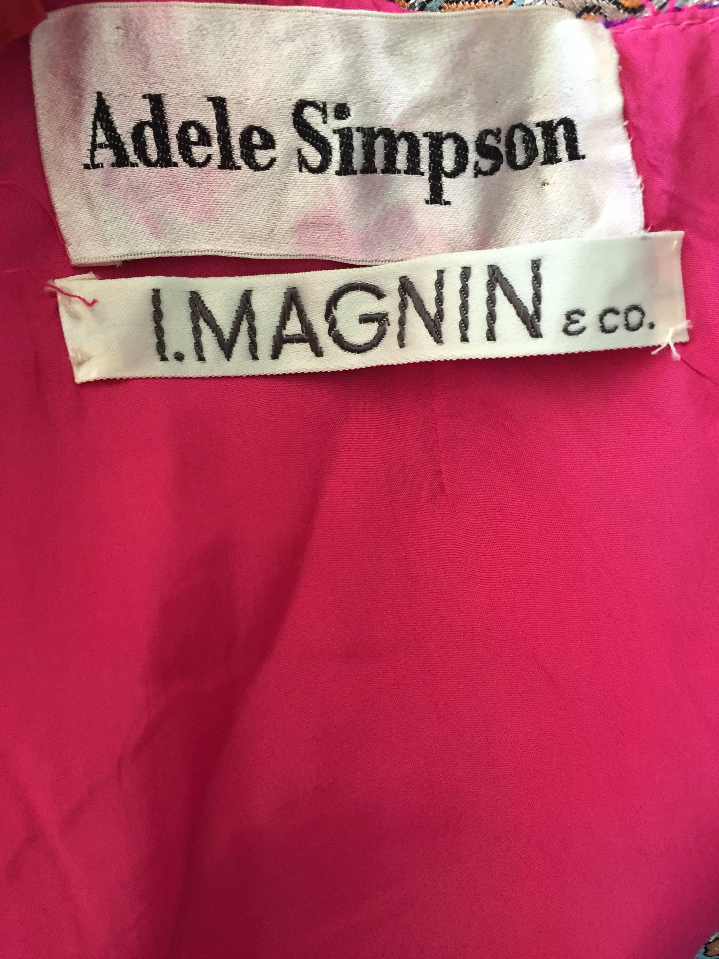 Vintage Adele Simpson Plus Size 1960s Hot Pink + Silver + Blue Metallic Dress For Sale 2