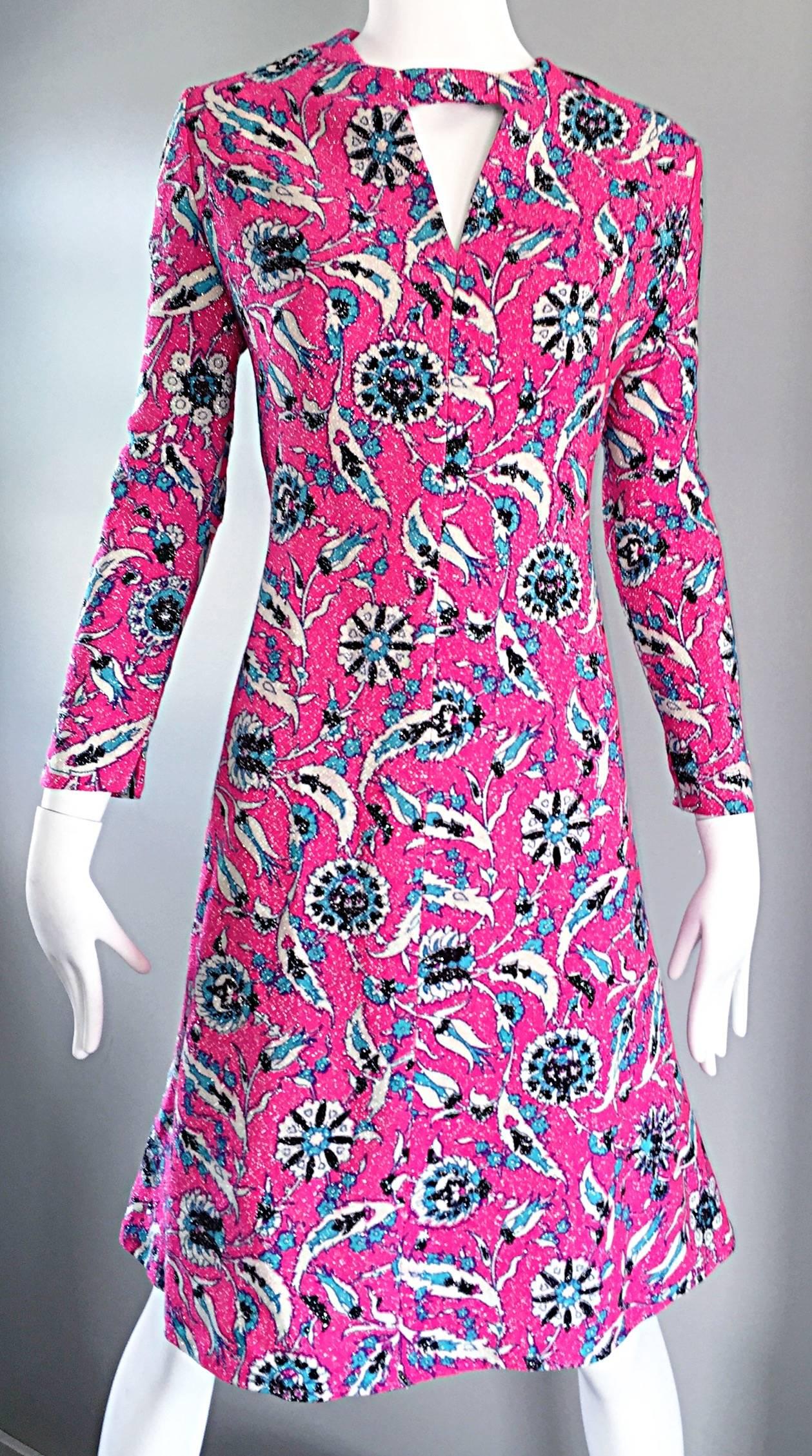 Purple Vintage Adele Simpson Plus Size 1960s Hot Pink + Silver + Blue Metallic Dress For Sale