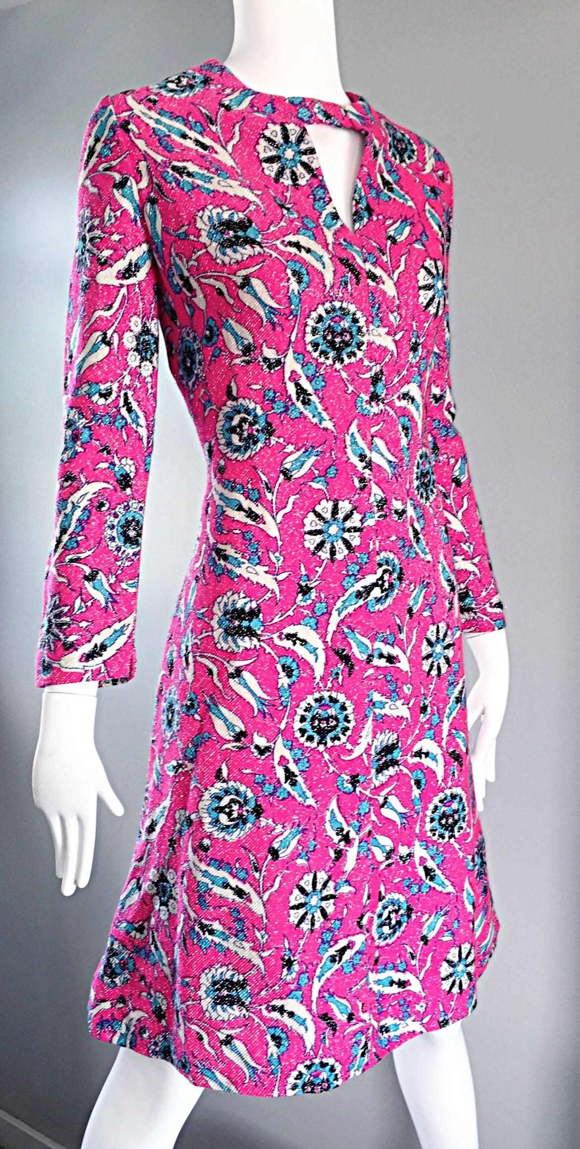 Vintage Adele Simpson Plus Size 1960s Hot Pink + Silver + Blue Metallic Dress In Excellent Condition For Sale In San Diego, CA