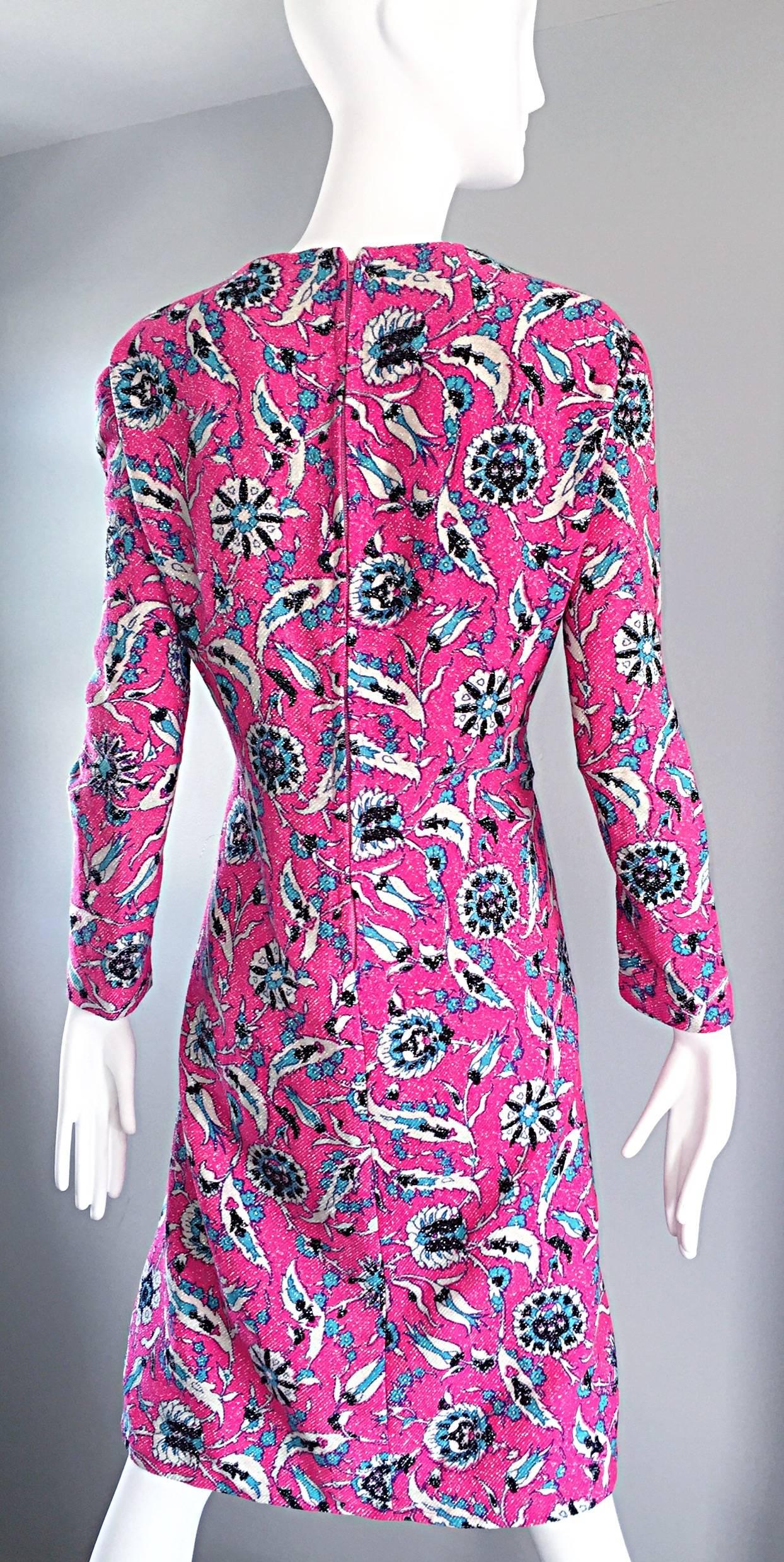 Women's Vintage Adele Simpson Plus Size 1960s Hot Pink + Silver + Blue Metallic Dress For Sale