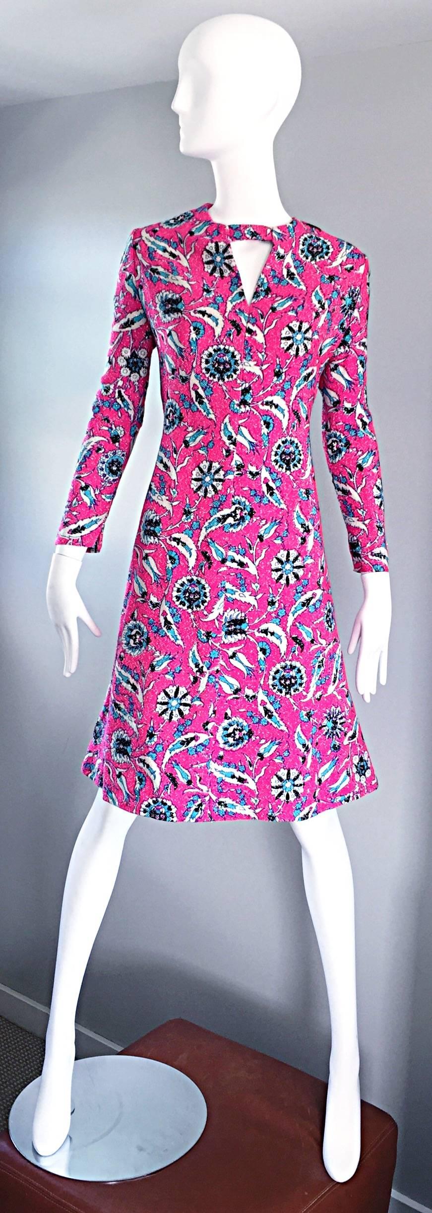 Vintage Adele Simpson Plus Size 1960s Hot Pink + Silver + Blue Metallic Dress For Sale 1