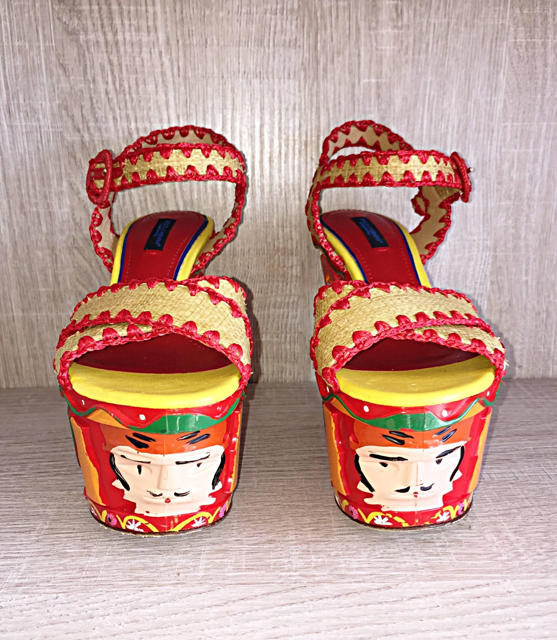 Red Rare Dolce & Gabbana Runway Tiki Hand Painted SS13 Never Worn Wedges / Shoes 37