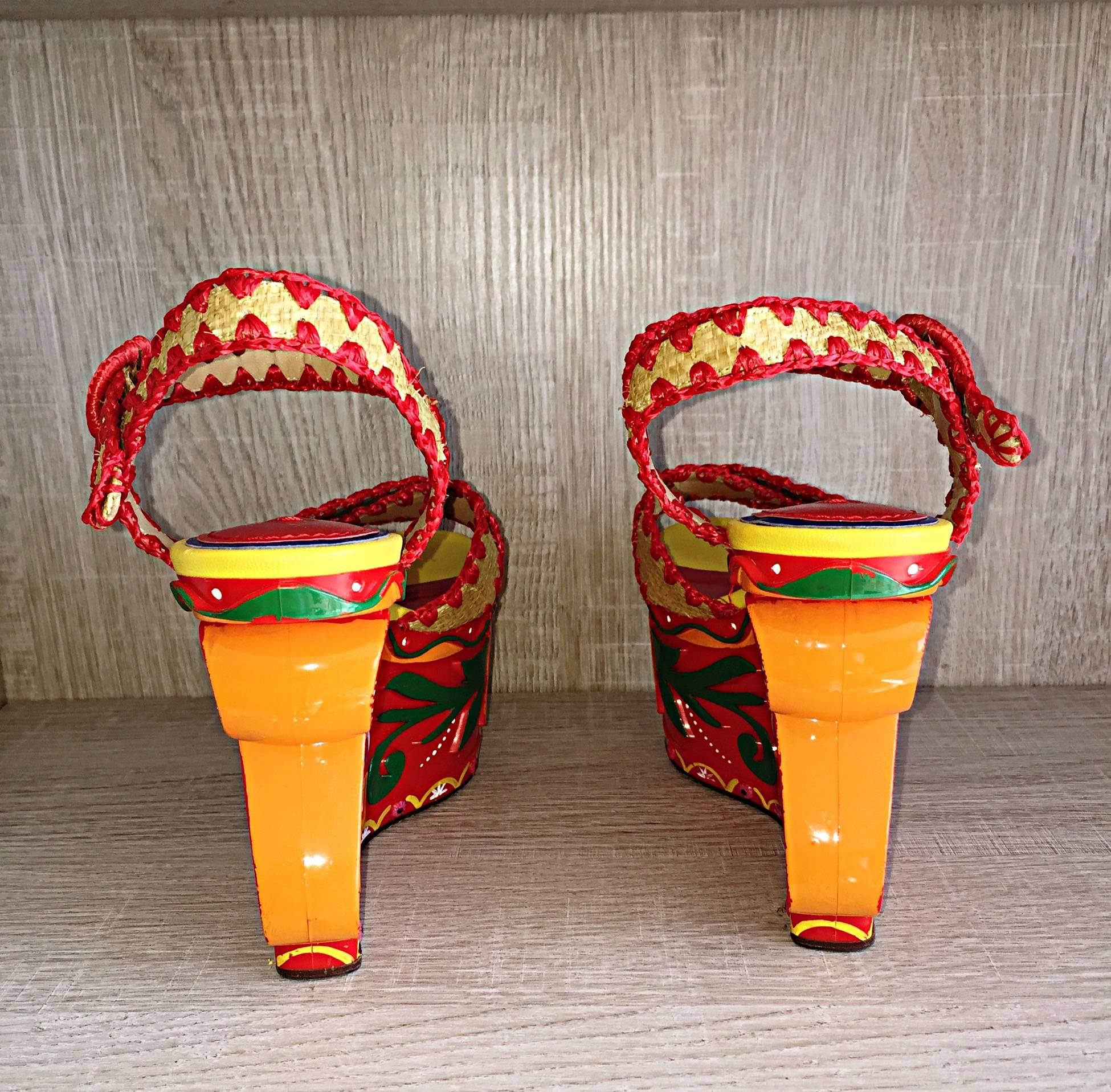 Women's Rare Dolce & Gabbana Runway Tiki Hand Painted SS13 Never Worn Wedges / Shoes 37