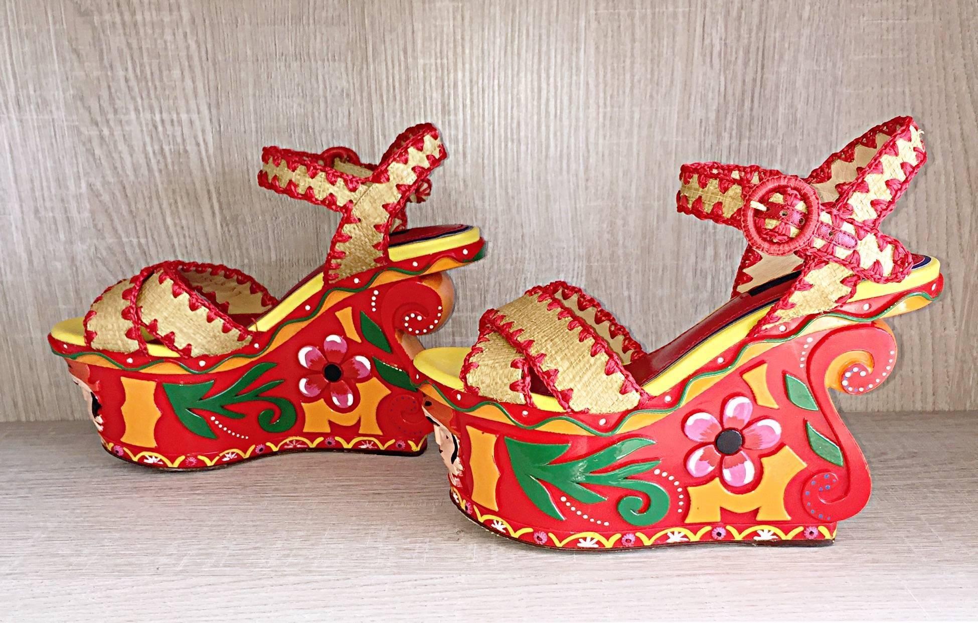 Rare Dolce & Gabbana Runway Tiki Hand Painted SS13 Never Worn Wedges / Shoes 37 3